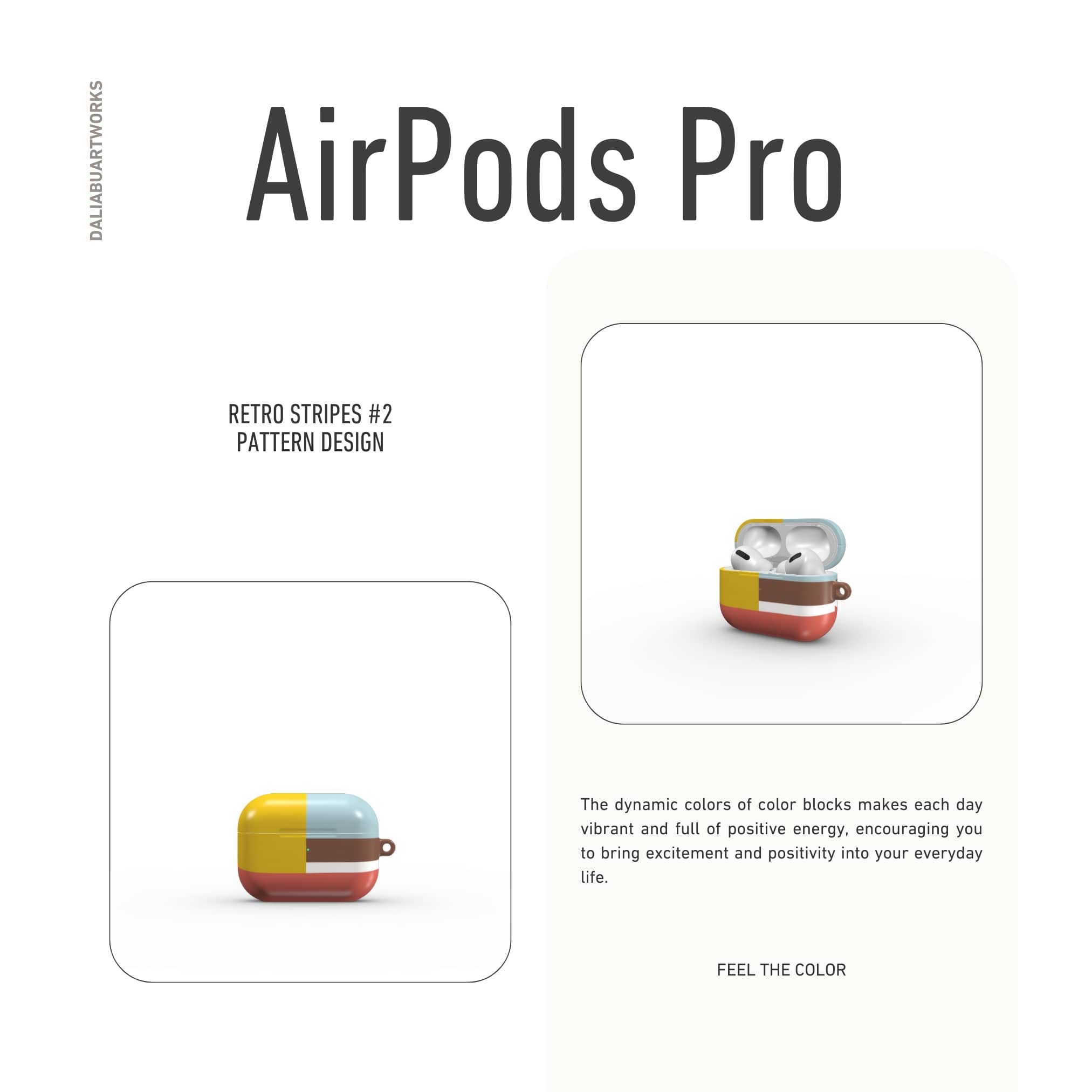 AirPods Pro tough case Retro Stripes 2 pattern design with a bold color blocks in vintage, mid century modern style, featuring an elegant and expressive aesthetic design. Main colors are yellow, muted red and light blue. Front view.
