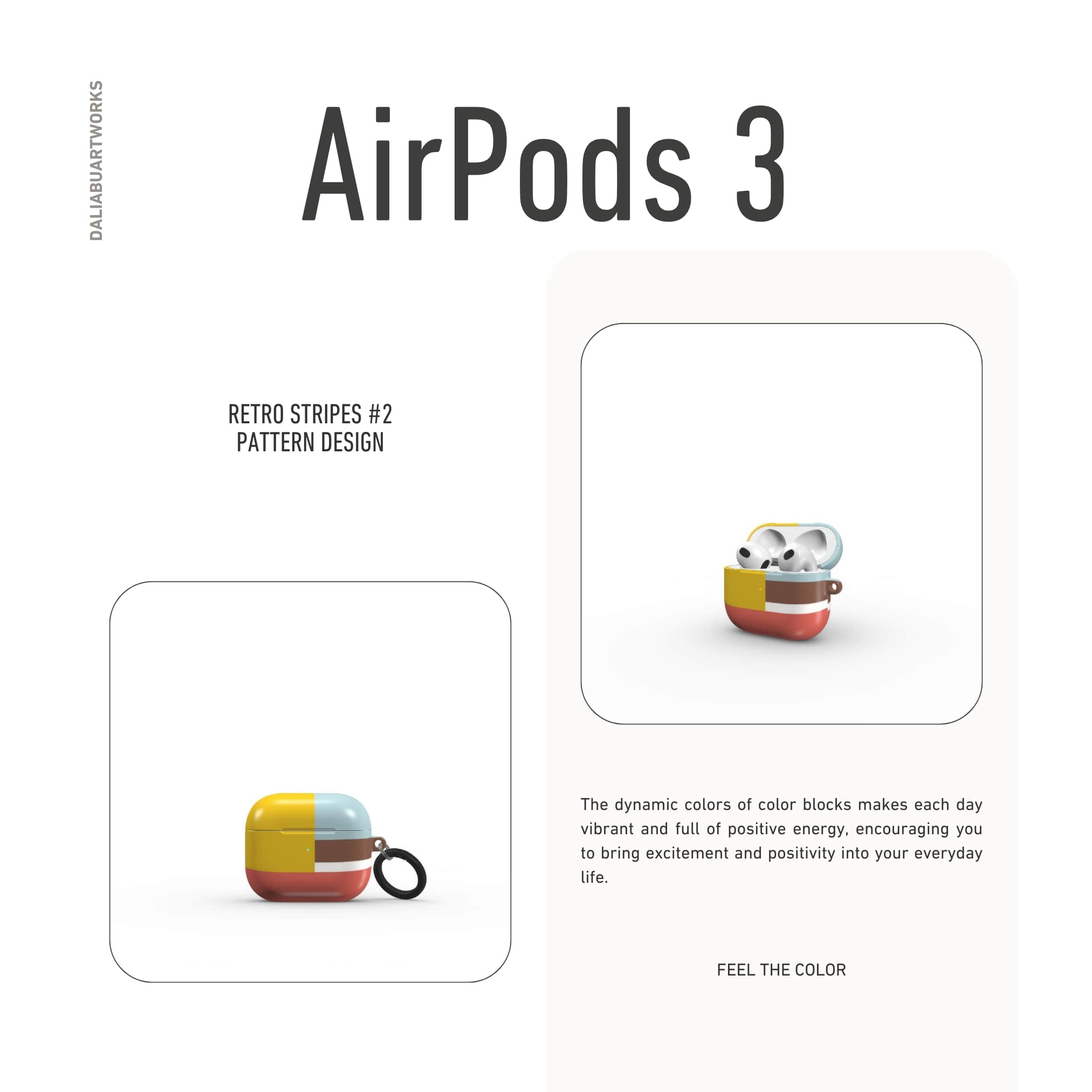 AirPods 3 tough case Retro Stripes 2 pattern design with a bold color blocks in vintage, mid century modern style, featuring an elegant and expressive aesthetic design. Main colors are yellow, muted red and light blue. Front view.