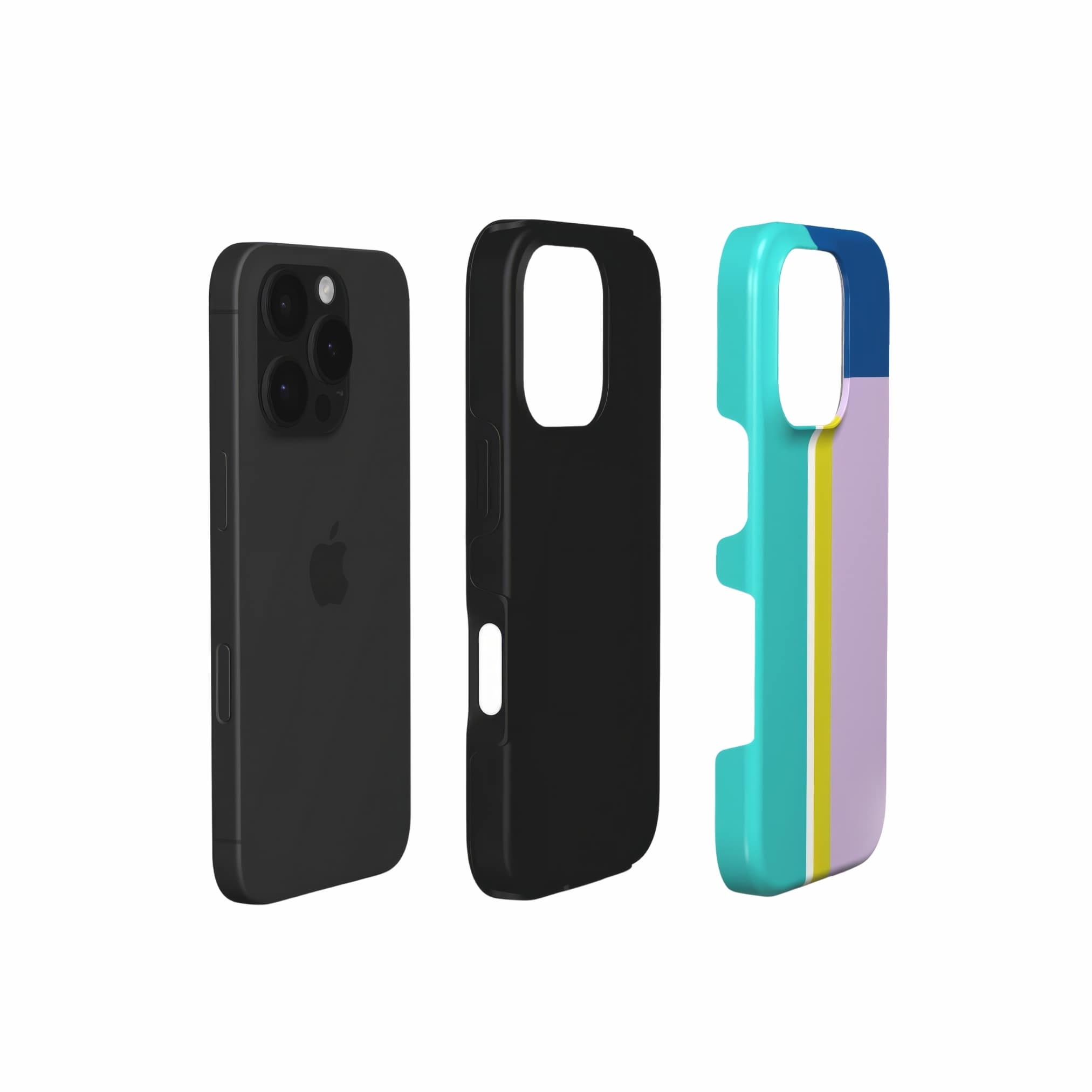 Phone tough case Retro Stripes 3 pattern design with a bold color blocks in vintage, mid century modern style, featuring an elegant and expressive aesthetic design. Main colors are navy blue, teal green, lilac and yellow. Extend view.