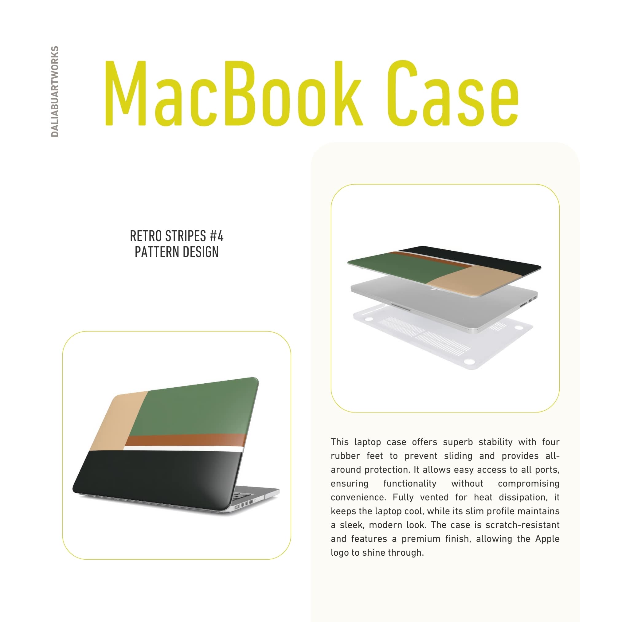 MacBook case Retro Stripes 4 pattern design with a bold color blocks in vintage, mid century modern style, featuring an elegant and expressive aesthetic design. Main colors are khaki, dark green, brown and cappuccino. Details about laptop cover ventilation features.