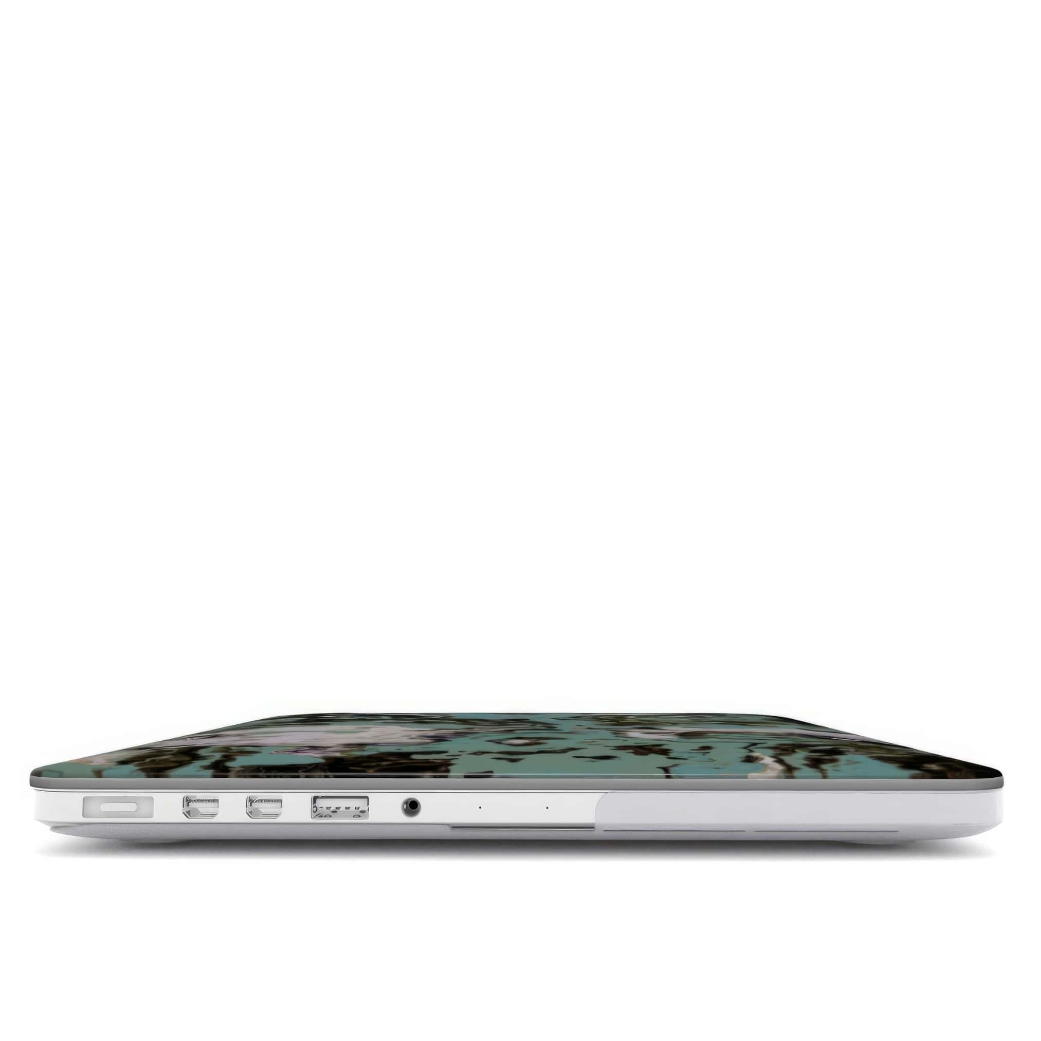 MacBook case with a bold vivid pattern in marble abstract and artistic style, featuring an elegant and expressive aesthetic design. Main colors are teal blue and light lilac. Closed view.