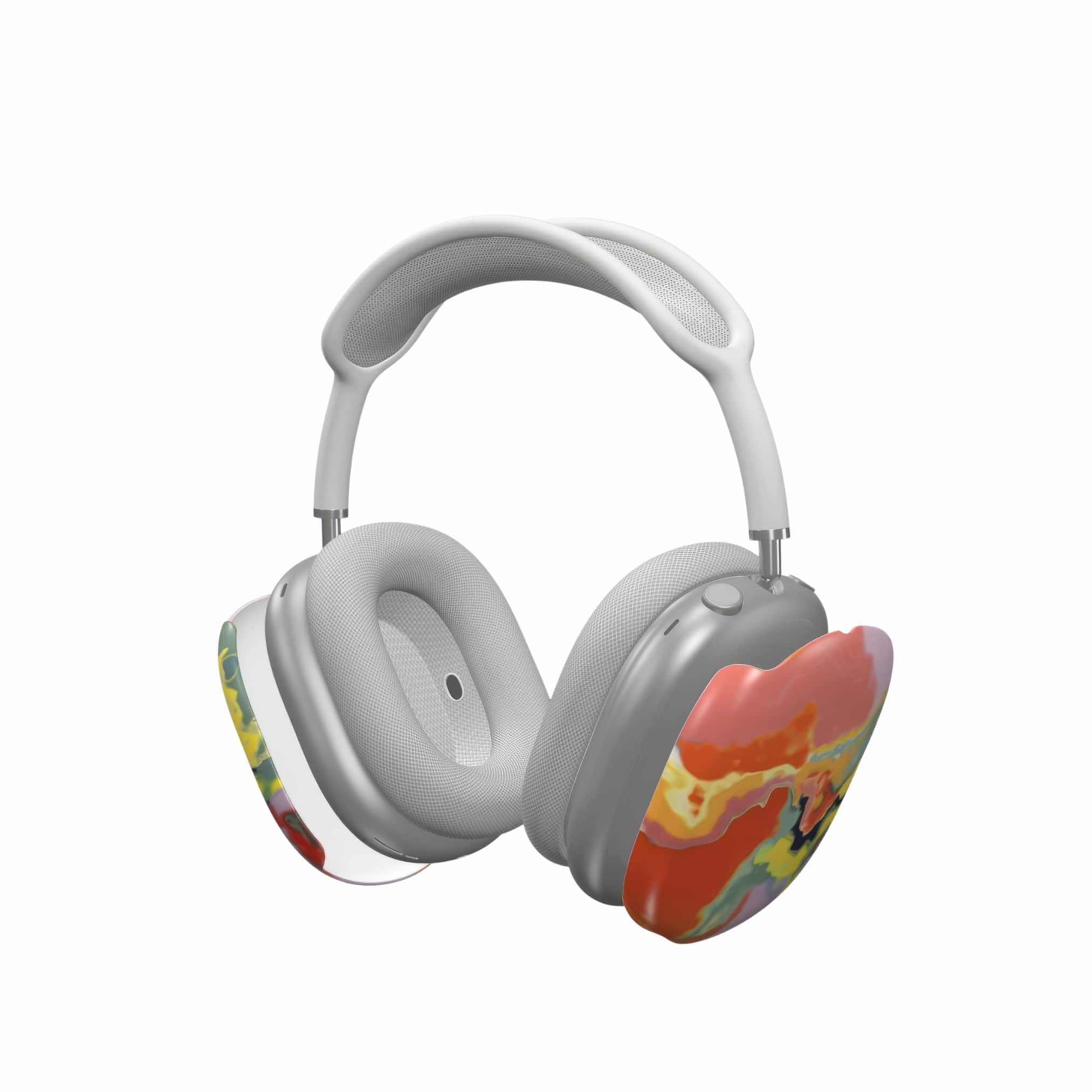 Tough AirPods Max case extend view; Tropical pattern, artistic, abstract marble pattern. Orange color.