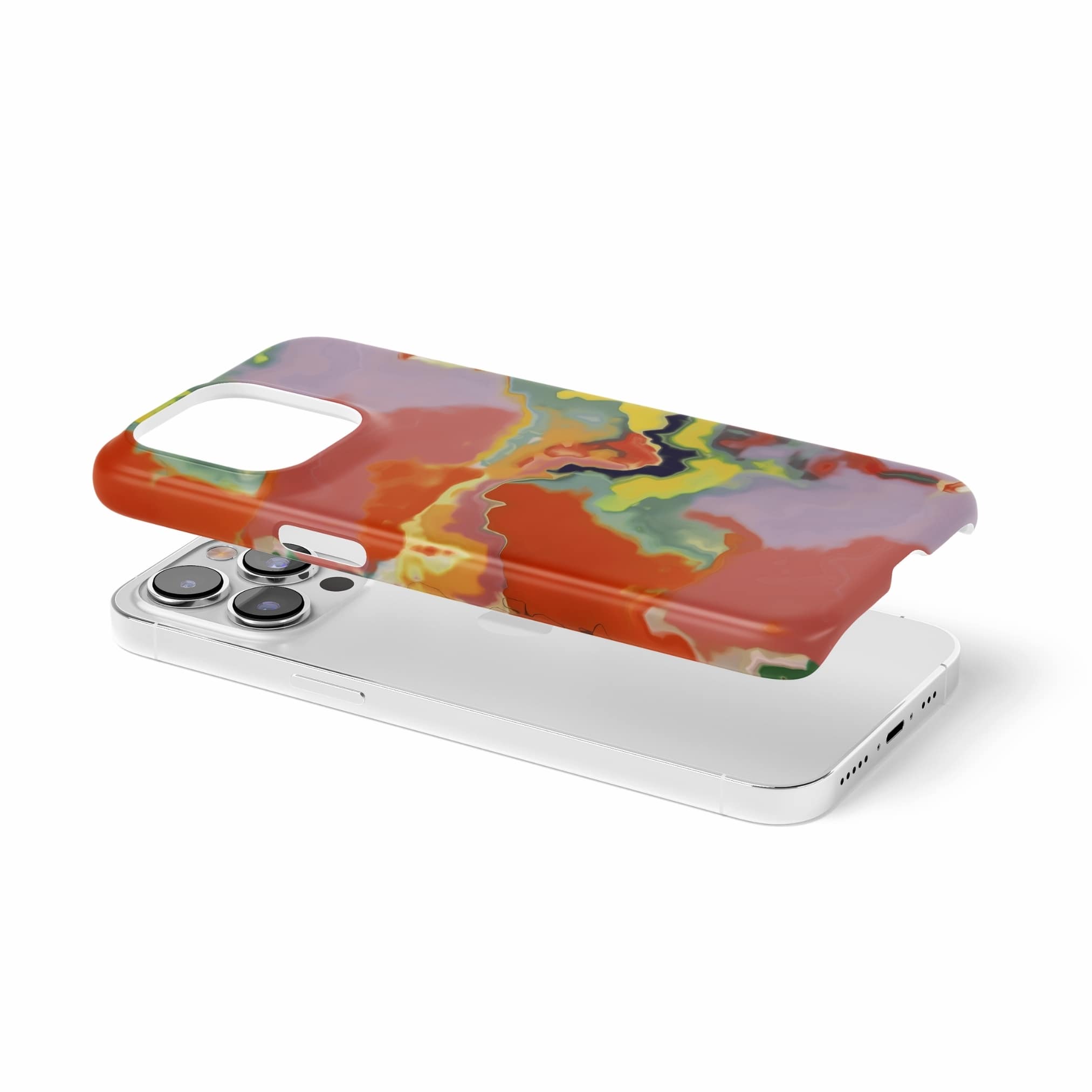 Ultra thin snap phone case extend view; Tropical 1 pattern, artistic, abstract marble pattern. Orange and yellow color combination.