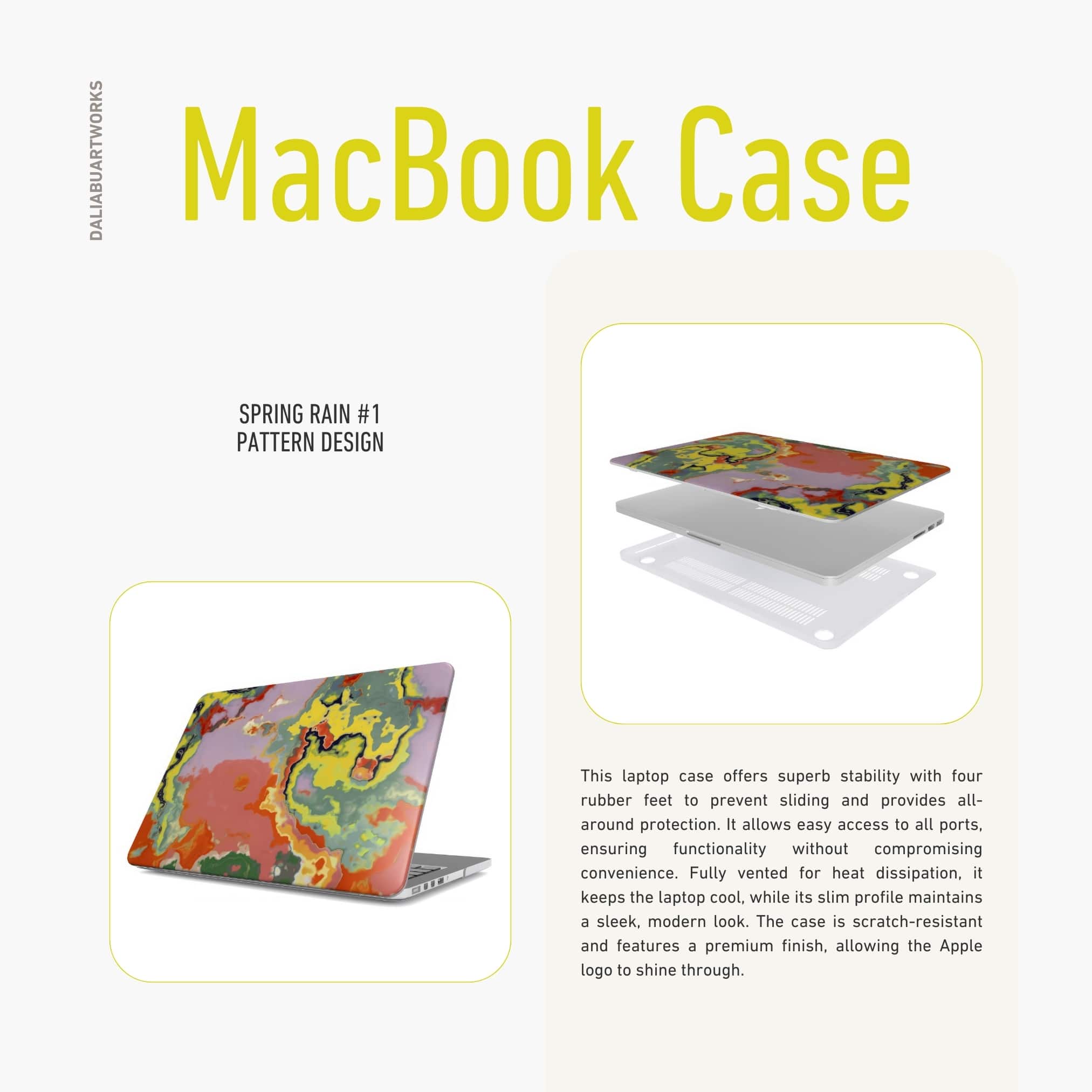 MacBook case side view; Tropical 2 pattern, artistic, abstract marble pattern. Orange and green color combination. Details about laptop cover ventilation features.