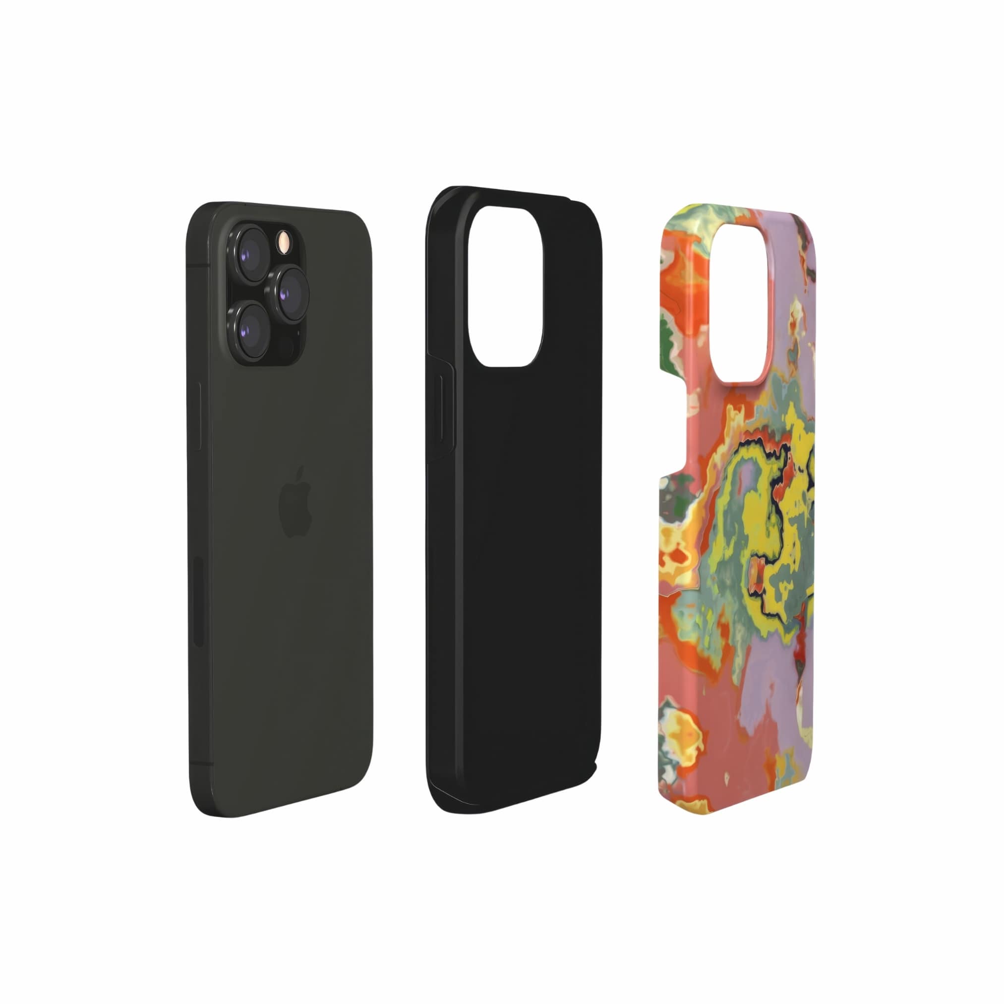 Tough phone case extend view; Tropical 2 pattern, artistic, abstract marble pattern. Orange and green color combination. 