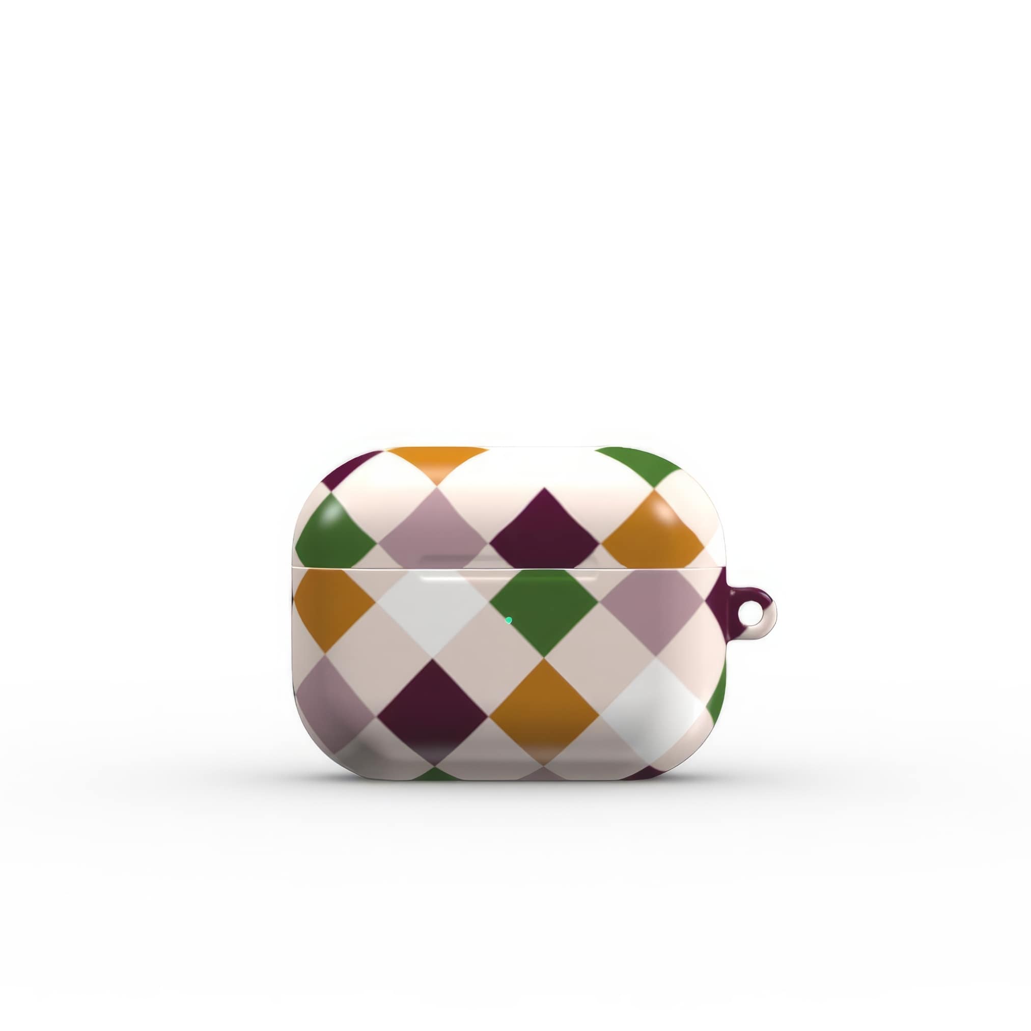 AirPods Pro hard shell ultra thin case Wonder Chess 1 pattern design with a dynamic geometric symmetry in chess style, featuring an elegant and expressive aesthetic design. Main colors are sugar brown, green, deep cherry and pink. Side closed view.