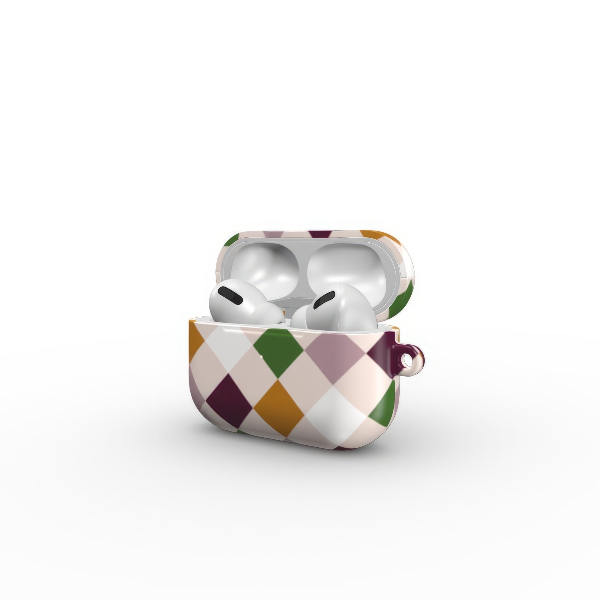 AirPods Pro hard shell ultra thin case Wonder Chess 1 pattern design with a dynamic geometric symmetry in chess style, featuring an elegant and expressive aesthetic design. Main colors are sugar brown, green, deep cherry and pink. Side open view.