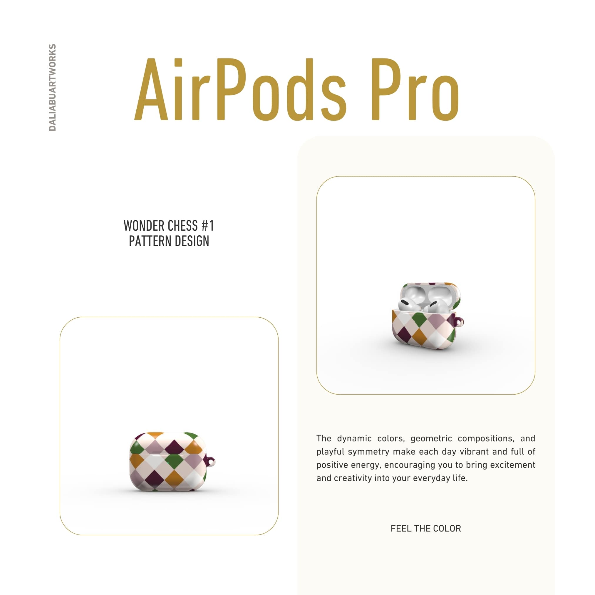 AirPods Pro hard shell ultra thin case Wonder Chess 1 pattern design with a dynamic geometric symmetry in chess style, featuring an elegant and expressive aesthetic design. Main colors are sugar brown, green, deep cherry and pink. Front view.