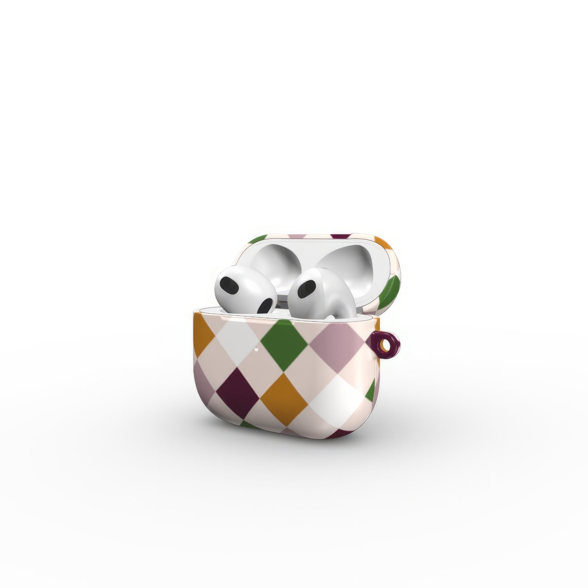 AirPods 3 hard shell ultra thin case Wonder Chess 1 pattern design with a dynamic geometric symmetry in chess style, featuring an elegant and expressive aesthetic design. Main colors are sugar brown, green, deep cherry and pink. Side open view.