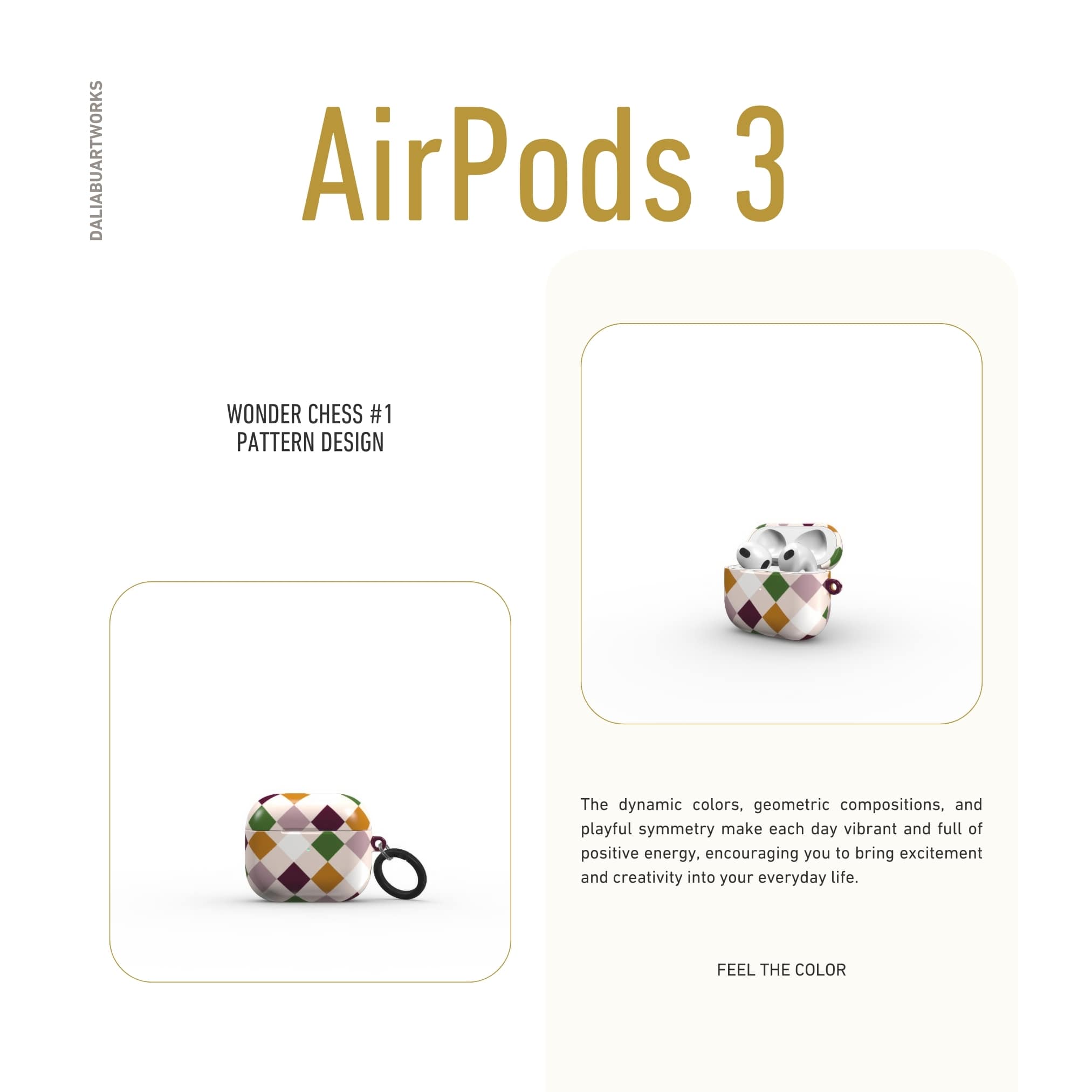 AirPods 3 hard shell ultra thin case Wonder Chess 1 pattern design with a dynamic geometric symmetry in chess style, featuring an elegant and expressive aesthetic design. Main colors are sugar brown, green, deep cherry and pink. Front view.