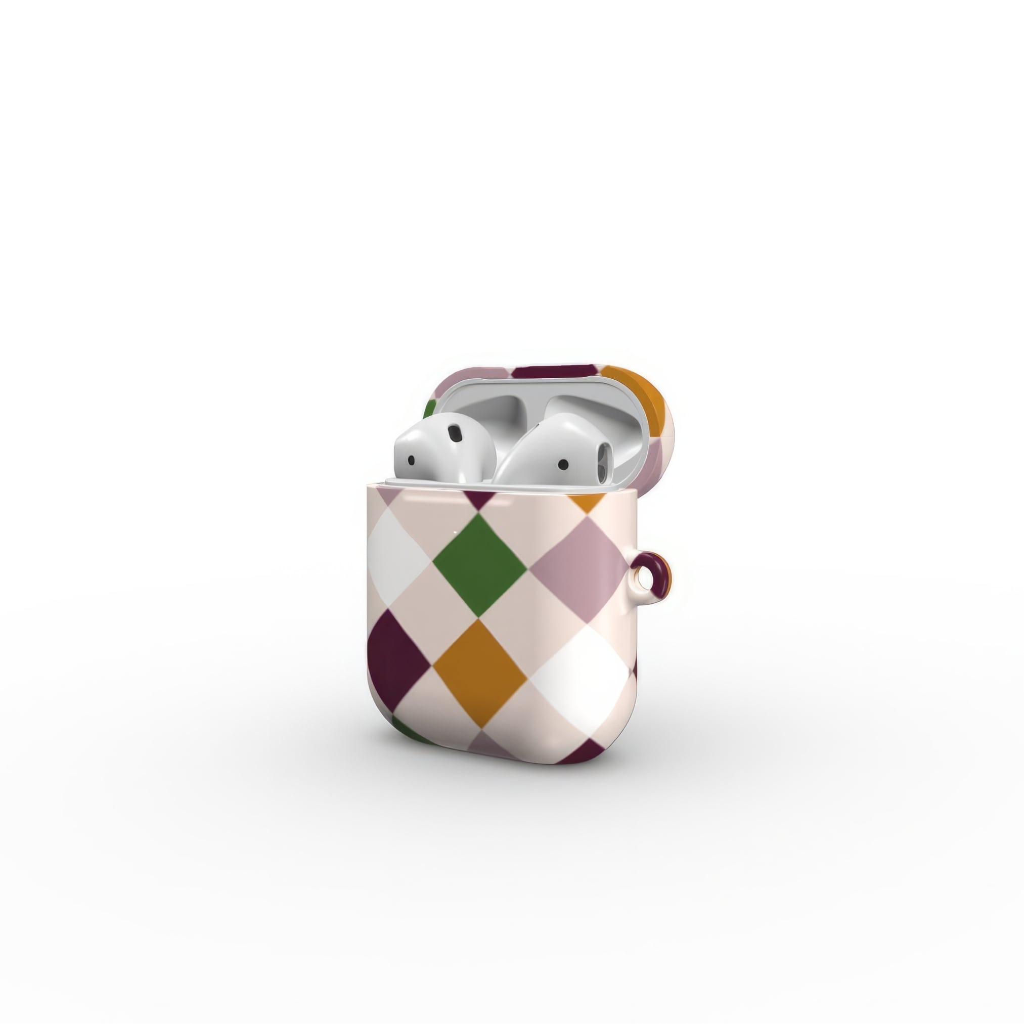 AirPods 1 and 2 hard shell ultra thin case Wonder Chess 1 pattern design with a dynamic geometric symmetry in chess style, featuring an elegant and expressive aesthetic design. Main colors are sugar brown, green, deep cherry and pink. Side open view.