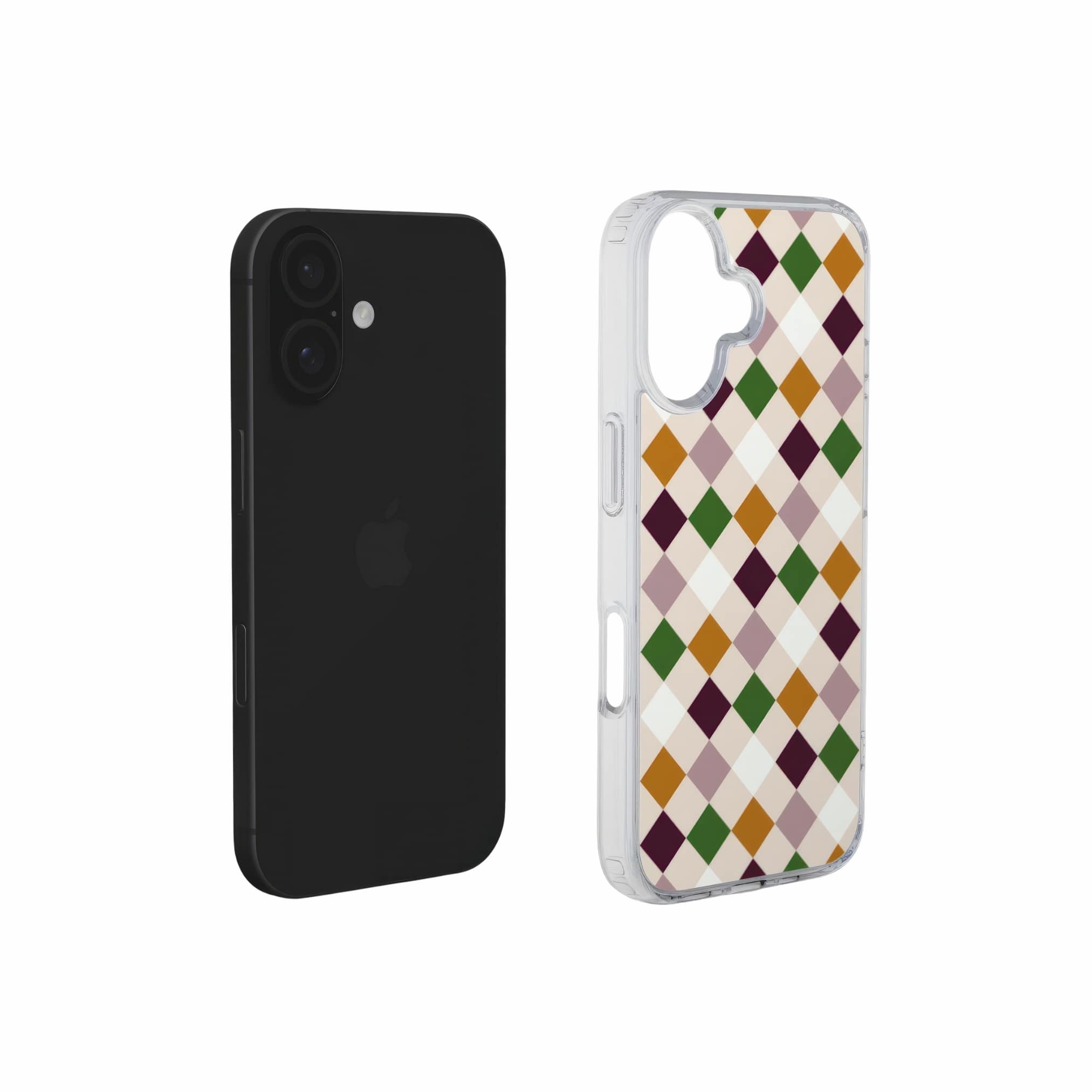 Clear phone case Wonder Chess 1 pattern design with a dynamic geometric symmetry in chess style, featuring an elegant and expressive aesthetic design. Main colors are sugar brown, green, deep cherry and pink. Extend view.