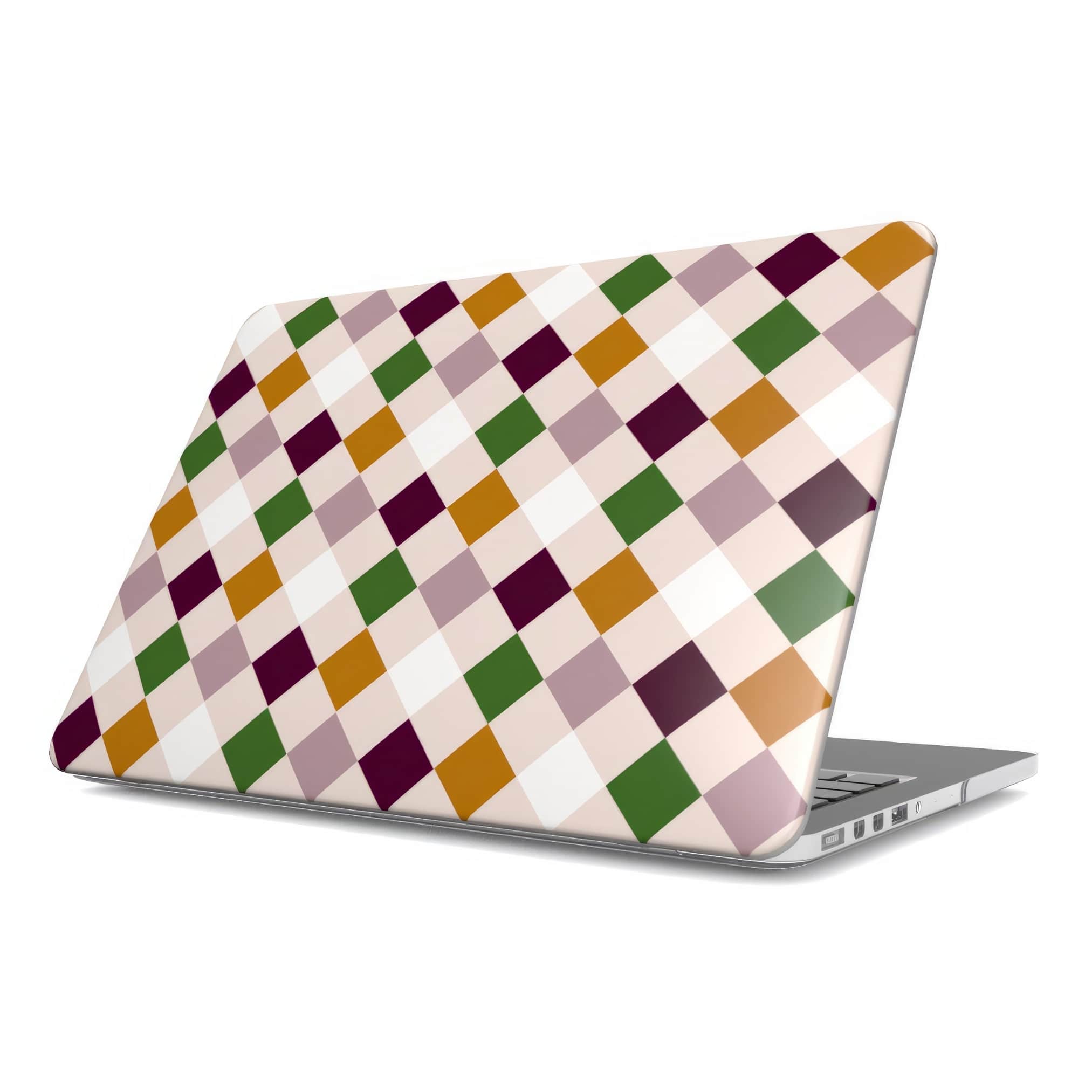 MacBook case Wonder Chess 1 pattern design with a dynamic geometric symmetry in chess style, featuring an elegant and expressive aesthetic design. Main colors are sugar brown, green, deep cherry and pink. Side view.