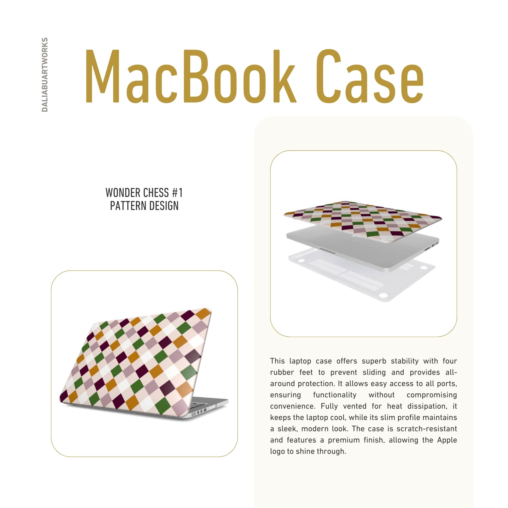 MacBook case Wonder Chess 1 pattern design with a dynamic geometric symmetry in chess style, featuring an elegant and expressive aesthetic design. Main colors are sugar brown, green, deep cherry and pink. Details about ventilation features.