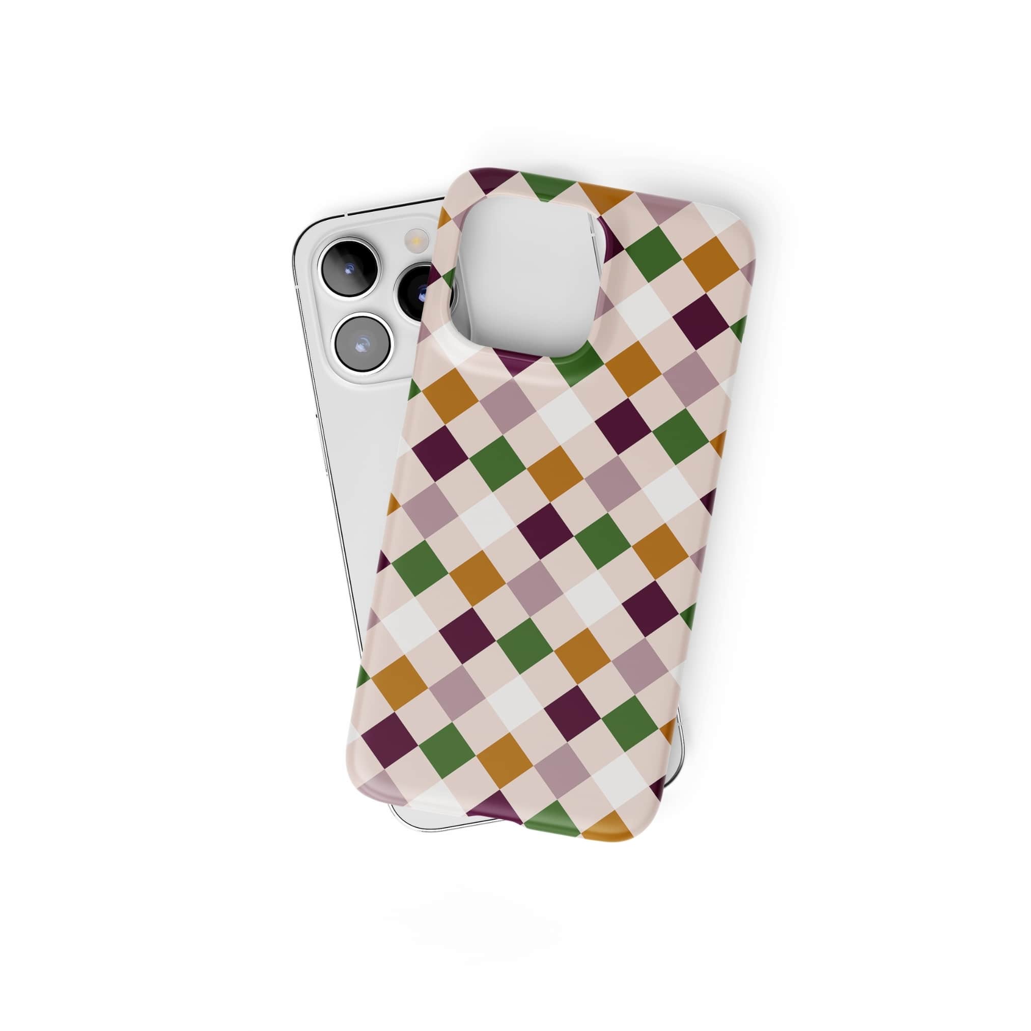 Ultra thin snap phone case Wonder Chess 1 pattern design with a dynamic geometric symmetry in chess style, featuring an elegant and expressive aesthetic design. Main colors are sugar brown, green, deep cherry and pink. Front view.