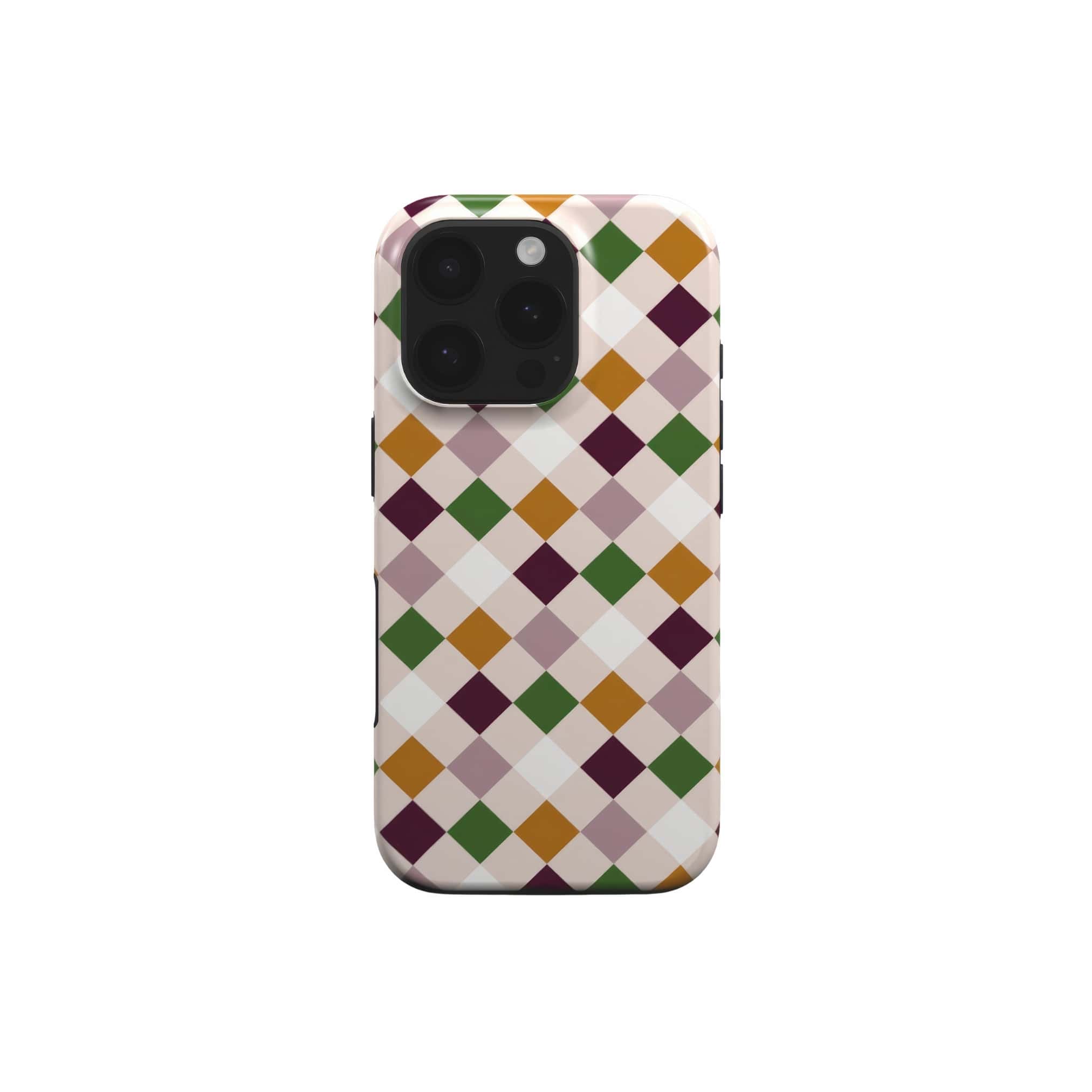 Tough phone case Wonder Chess 1 pattern design with a dynamic geometric symmetry in chess style, featuring an elegant and expressive aesthetic design. Main colors are sugar brown, green, deep cherry and pink. Front view.