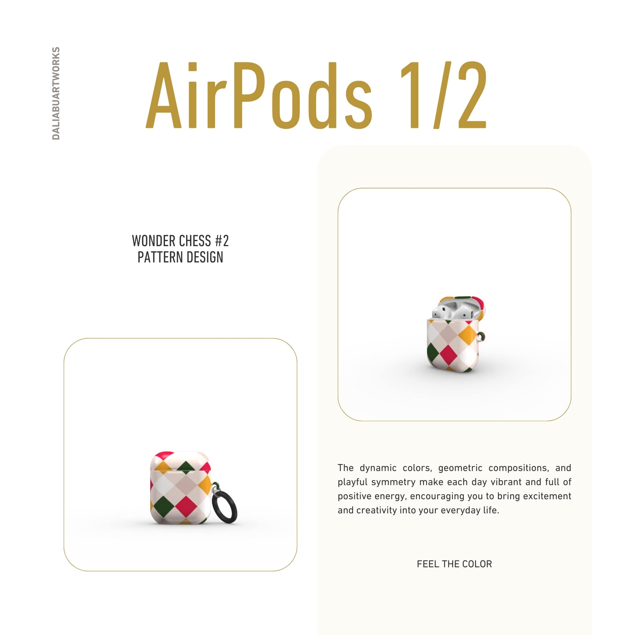 AirPods 1 and 2 hard shell ultra thin case Wonder Chess 2 pattern design with a dynamic geometric symmetry in chess style, featuring an elegant and expressive aesthetic design. Main colors are gold yellow, green, red and muted lilac. Front view.