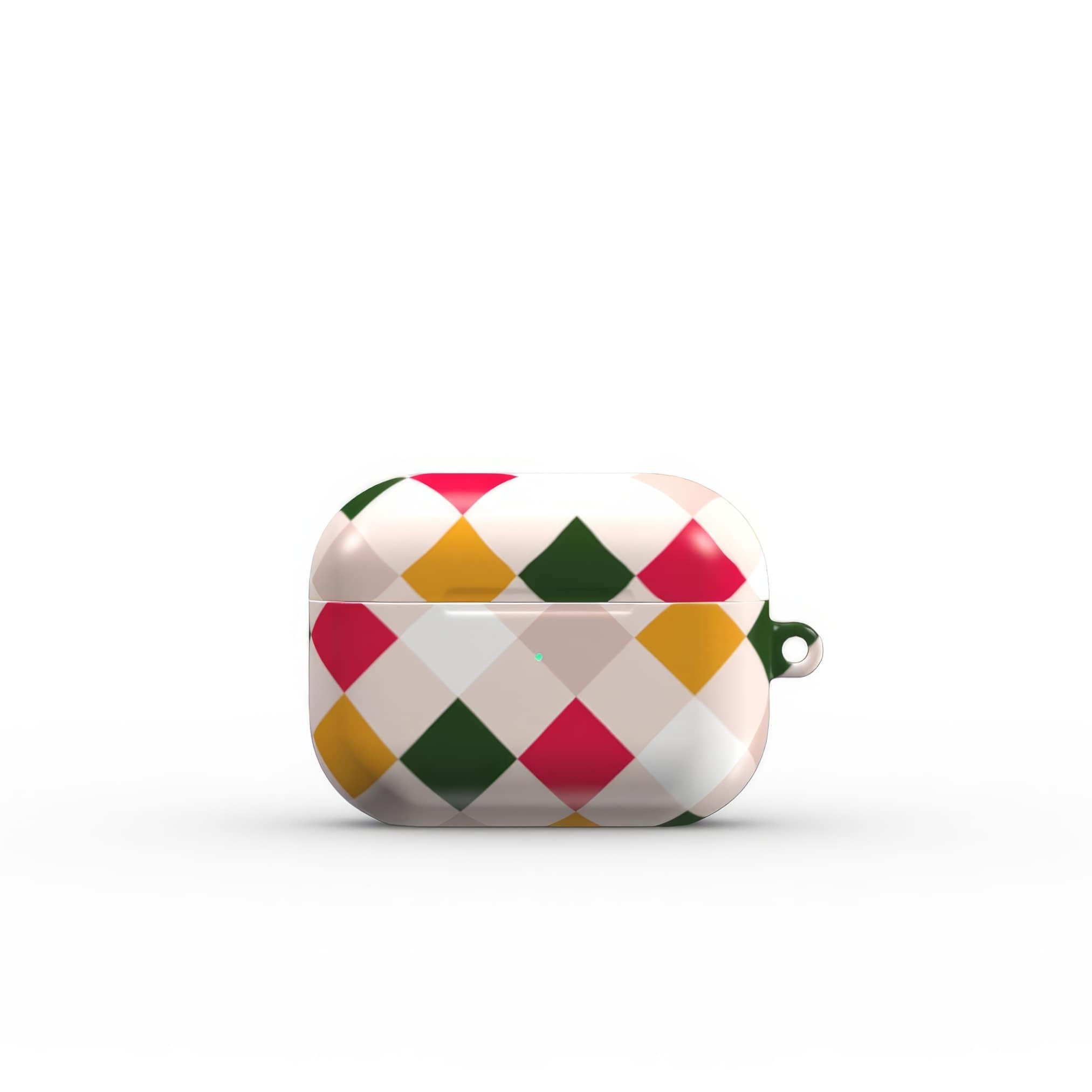 AirPods Pro hard shell ultra thin case Wonder Chess 2 pattern design with a dynamic geometric symmetry in chess style, featuring an elegant and expressive aesthetic design. Main colors are gold yellow, green, red and muted lilac. Front closed view.