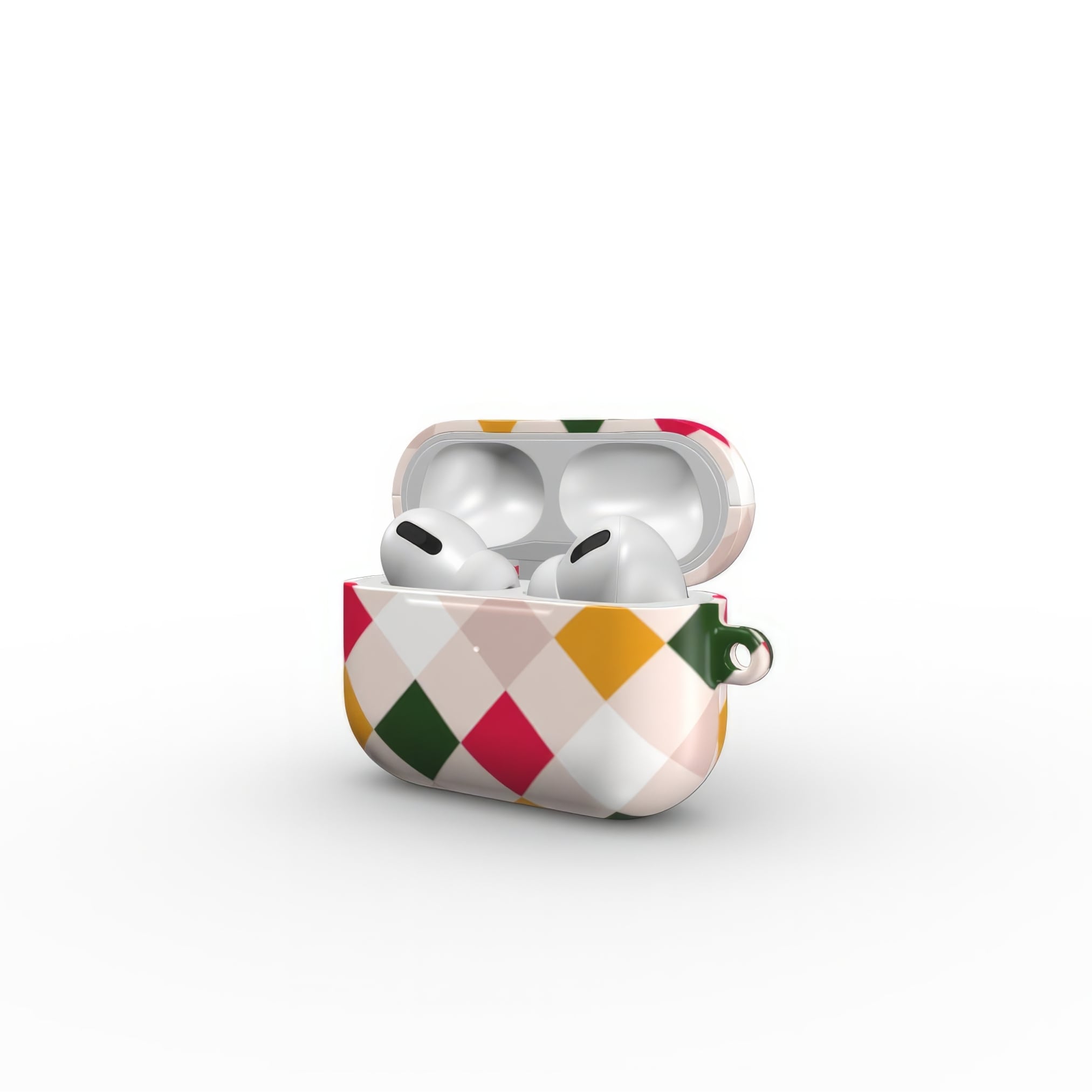 AirPods Pro hard shell ultra thin case Wonder Chess 2 pattern design with a dynamic geometric symmetry in chess style, featuring an elegant and expressive aesthetic design. Main colors are gold yellow, green, red and muted lilac. Side open view.