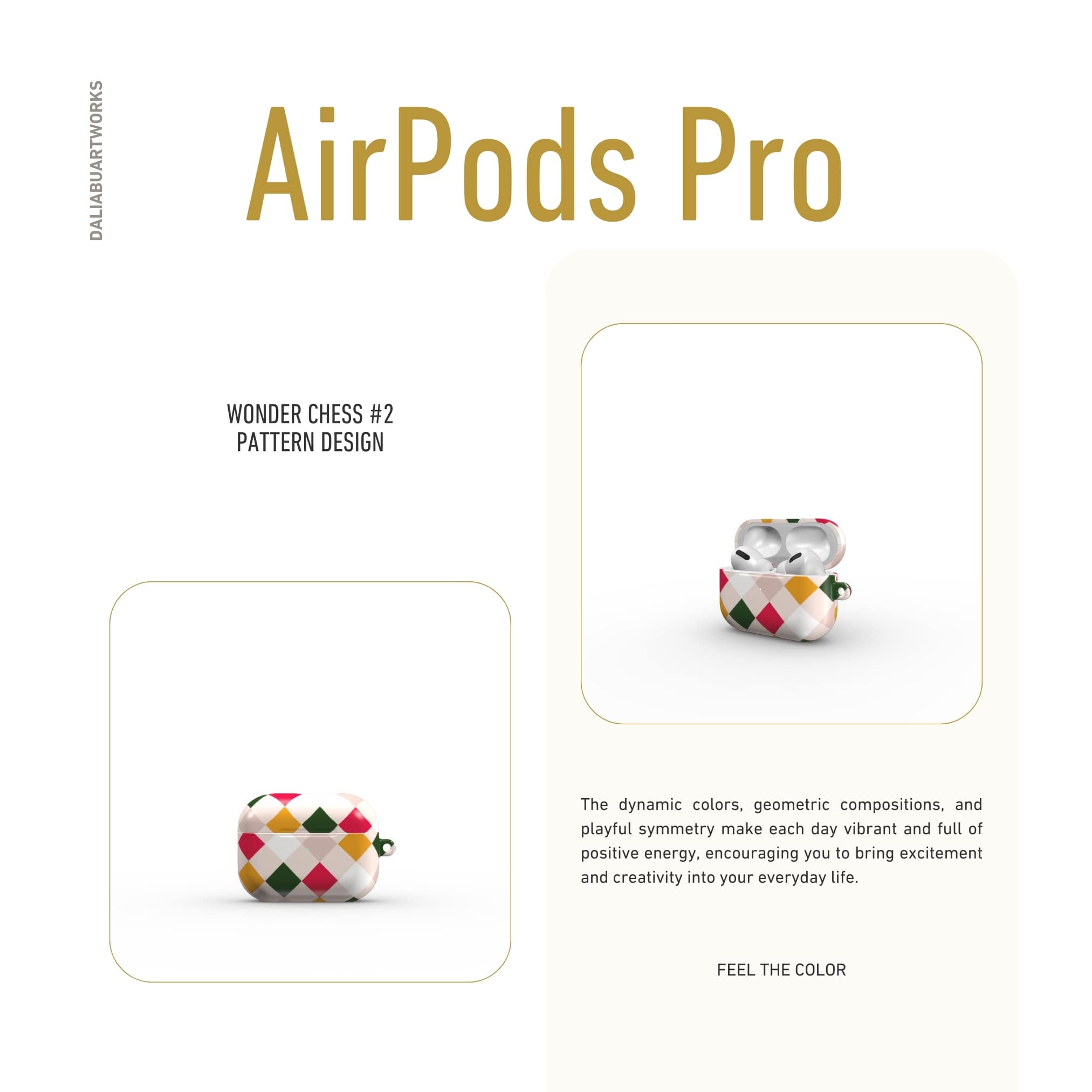 AirPods Pro hard shell ultra thin case Wonder Chess 2 pattern design with a dynamic geometric symmetry in chess style, featuring an elegant and expressive aesthetic design. Main colors are gold yellow, green, red and muted lilac. Front view.