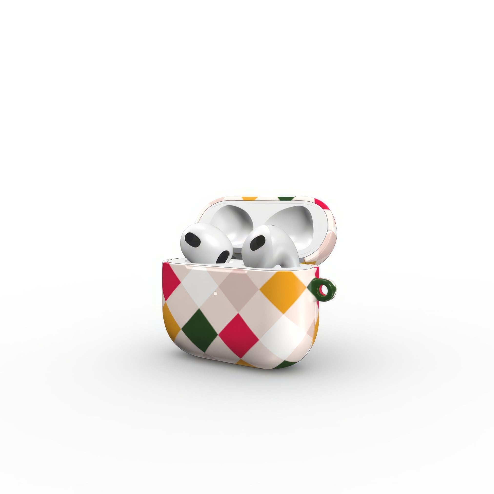 AirPods 3 hard shell ultra thin case Wonder Chess 2 pattern design with a dynamic geometric symmetry in chess style, featuring an elegant and expressive aesthetic design. Main colors are gold yellow, green, red and muted lilac. Open side view.