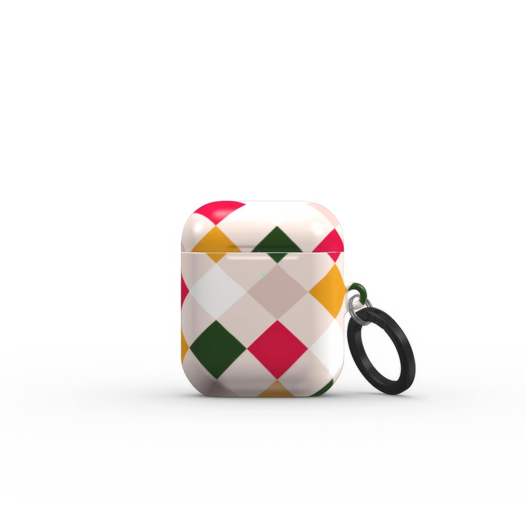 AirPods 1 and 2 hard shell ultra thin case Wonder Chess 2 pattern design with a dynamic geometric symmetry in chess style, featuring an elegant and expressive aesthetic design. Main colors are gold yellow, green, red and muted lilac. Front closed view.