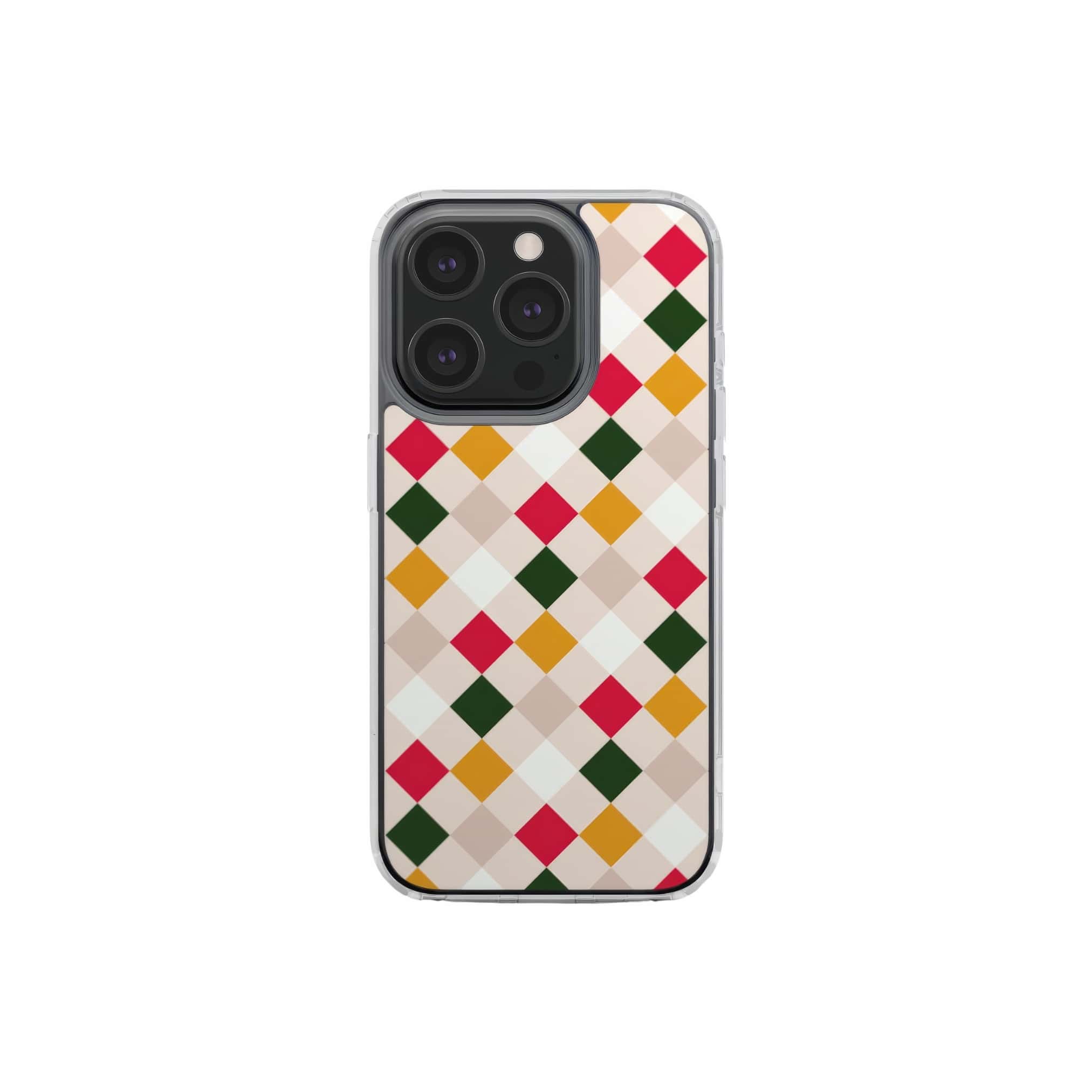 Clear phone case Wonder Chess 2 pattern design with a dynamic geometric symmetry in chess style, featuring an elegant and expressive aesthetic design. Main colors are gold yellow, green, red and muted lilac. Front view.