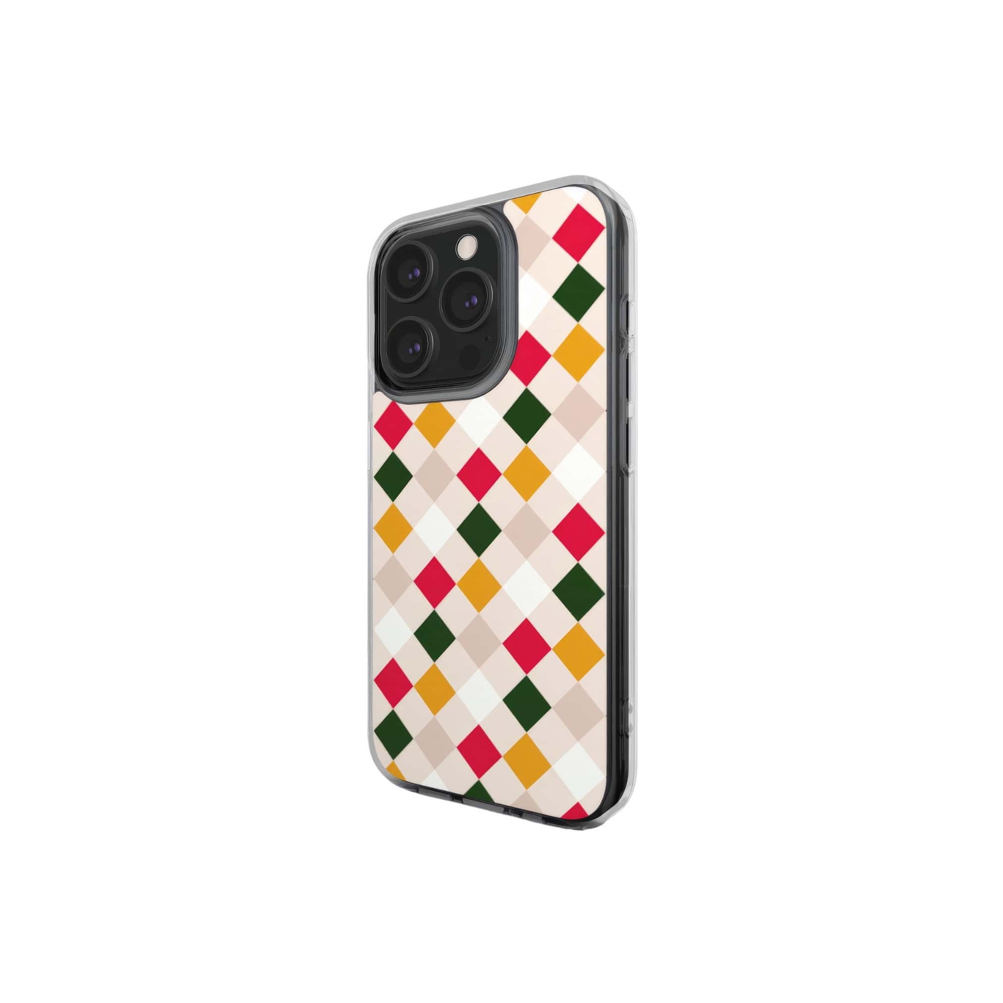 Clear phone case Wonder Chess 2 pattern design with a dynamic geometric symmetry in chess style, featuring an elegant and expressive aesthetic design. Main colors are gold yellow, green, red and muted lilac. Side view.