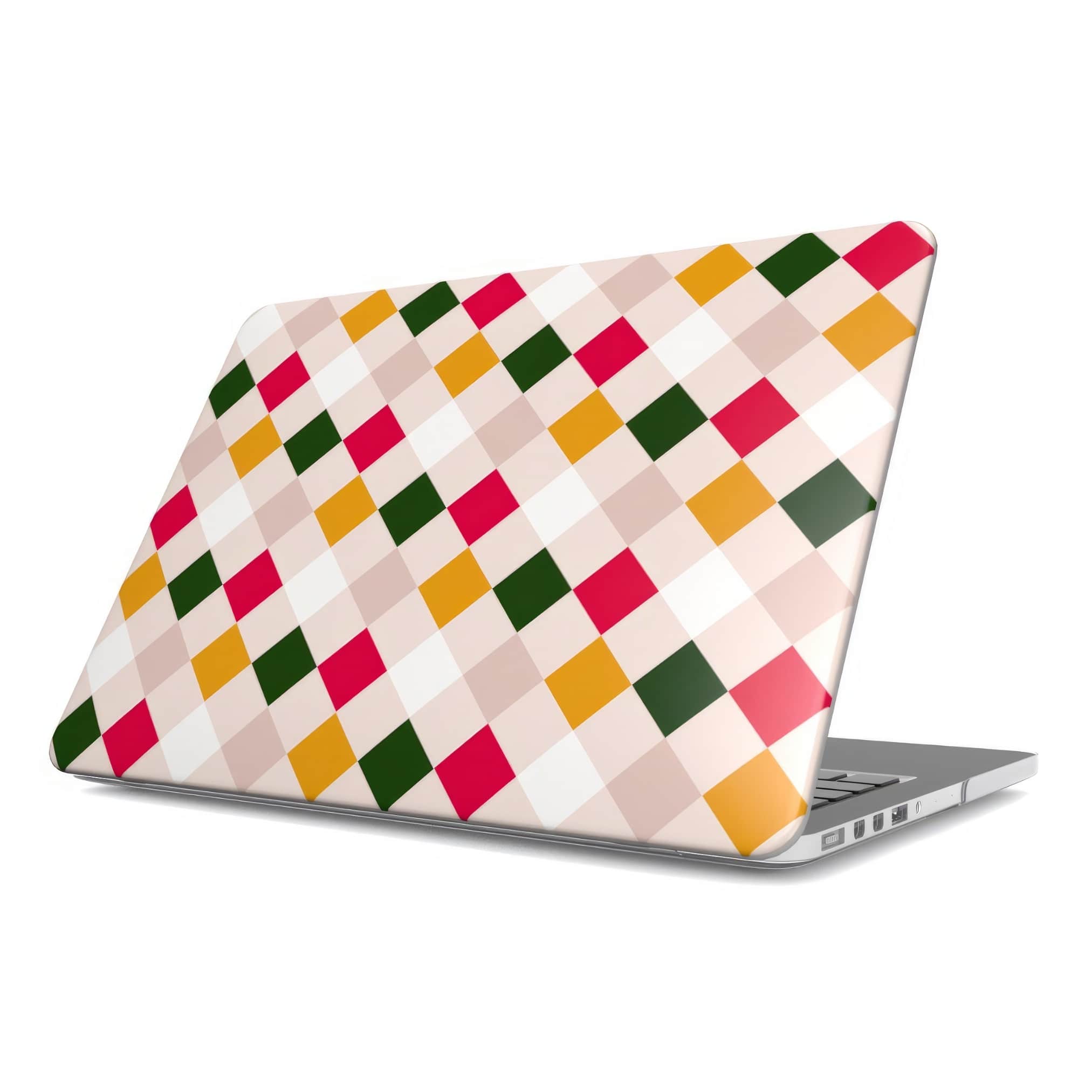 MacBook ultra thin case Wonder Chess 2 pattern design with a dynamic geometric symmetry in chess style, featuring an elegant and expressive aesthetic design. Main colors are gold yellow, green, red and muted lilac. Side view.