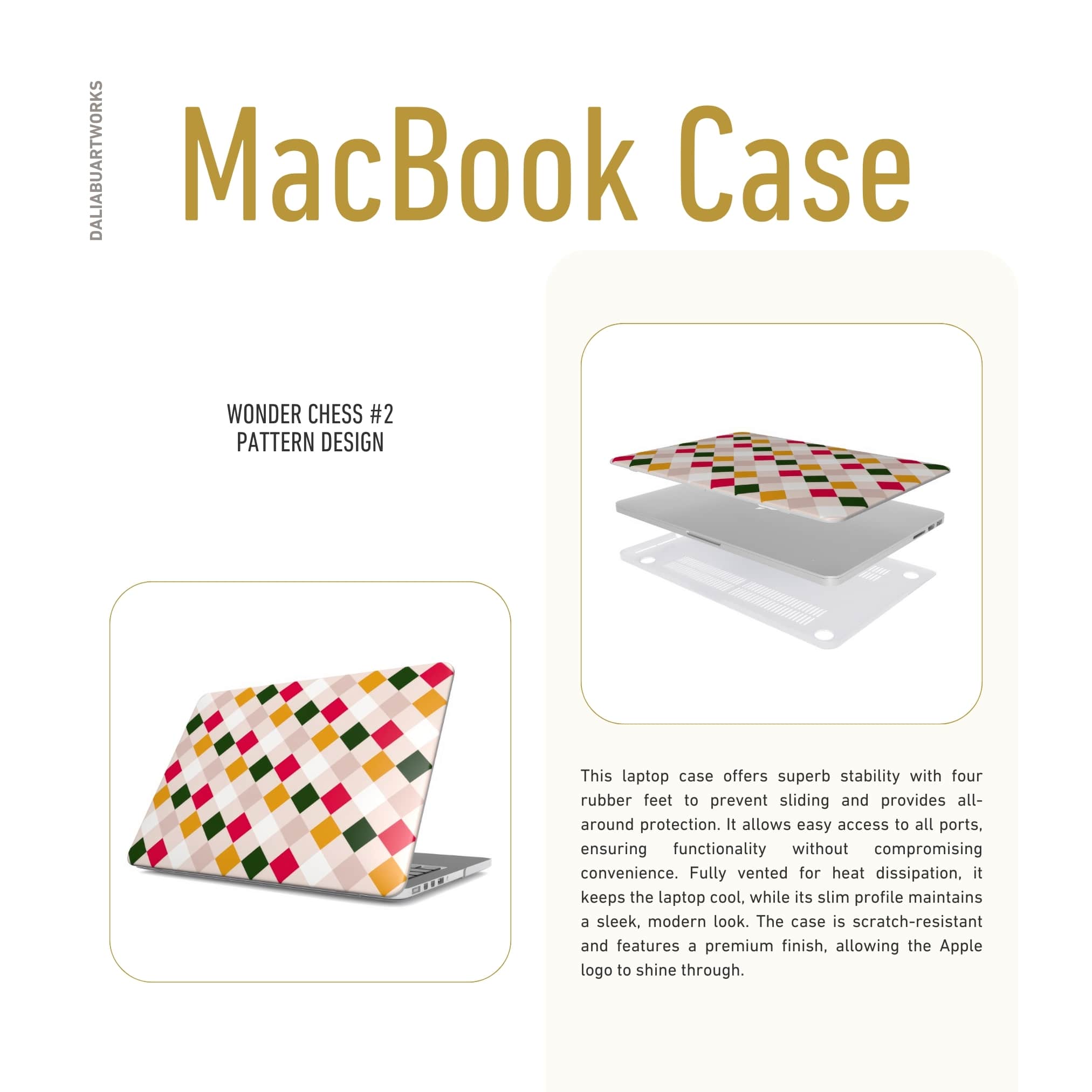 MacBook ultra thin case Wonder Chess 2 pattern design with a dynamic geometric symmetry in chess style, featuring an elegant and expressive aesthetic design. Main colors are gold yellow, green, red and muted lilac. Details about ventilation features.