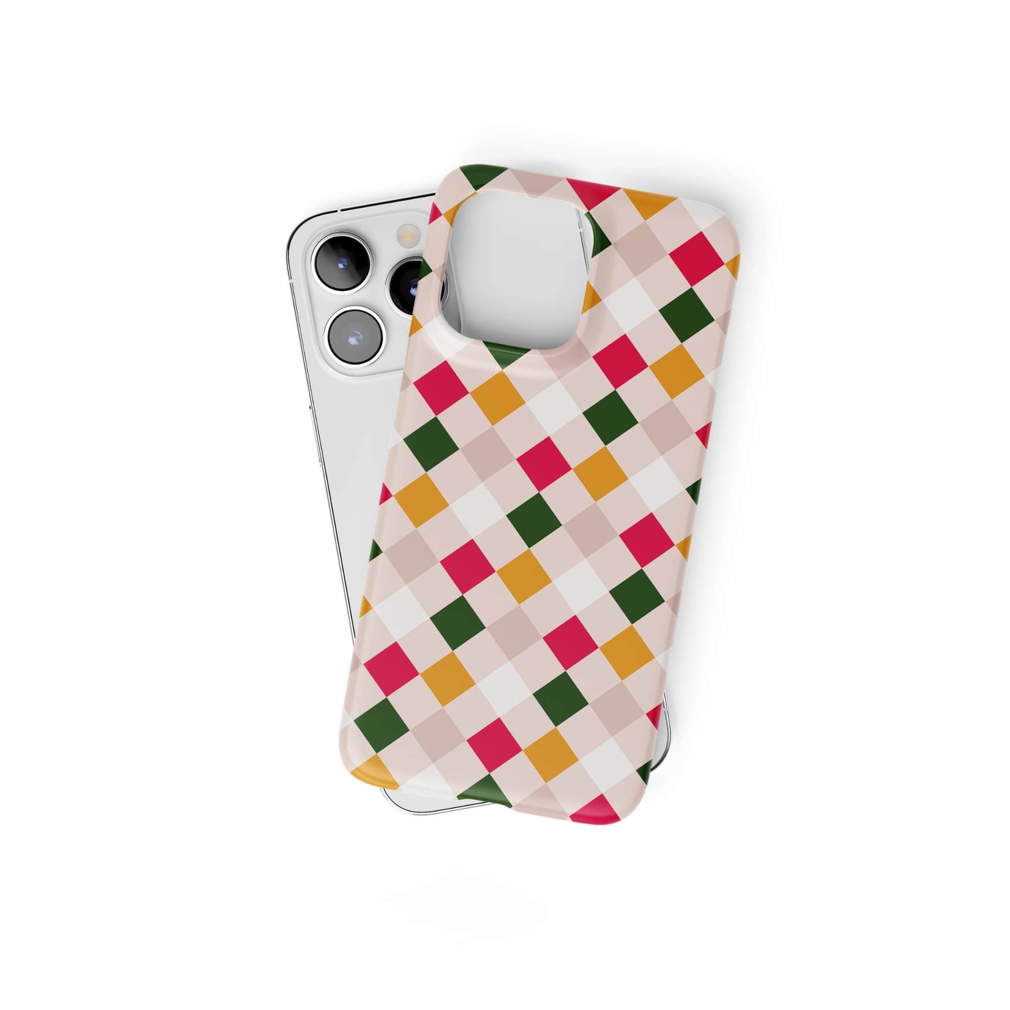 Ultra thin snap snug fit phone case Wonder Chess 2 pattern design with a dynamic geometric symmetry in chess style, featuring an elegant and expressive aesthetic design. Main colors are gold yellow, green, red and muted lilac. Front view. Front view.