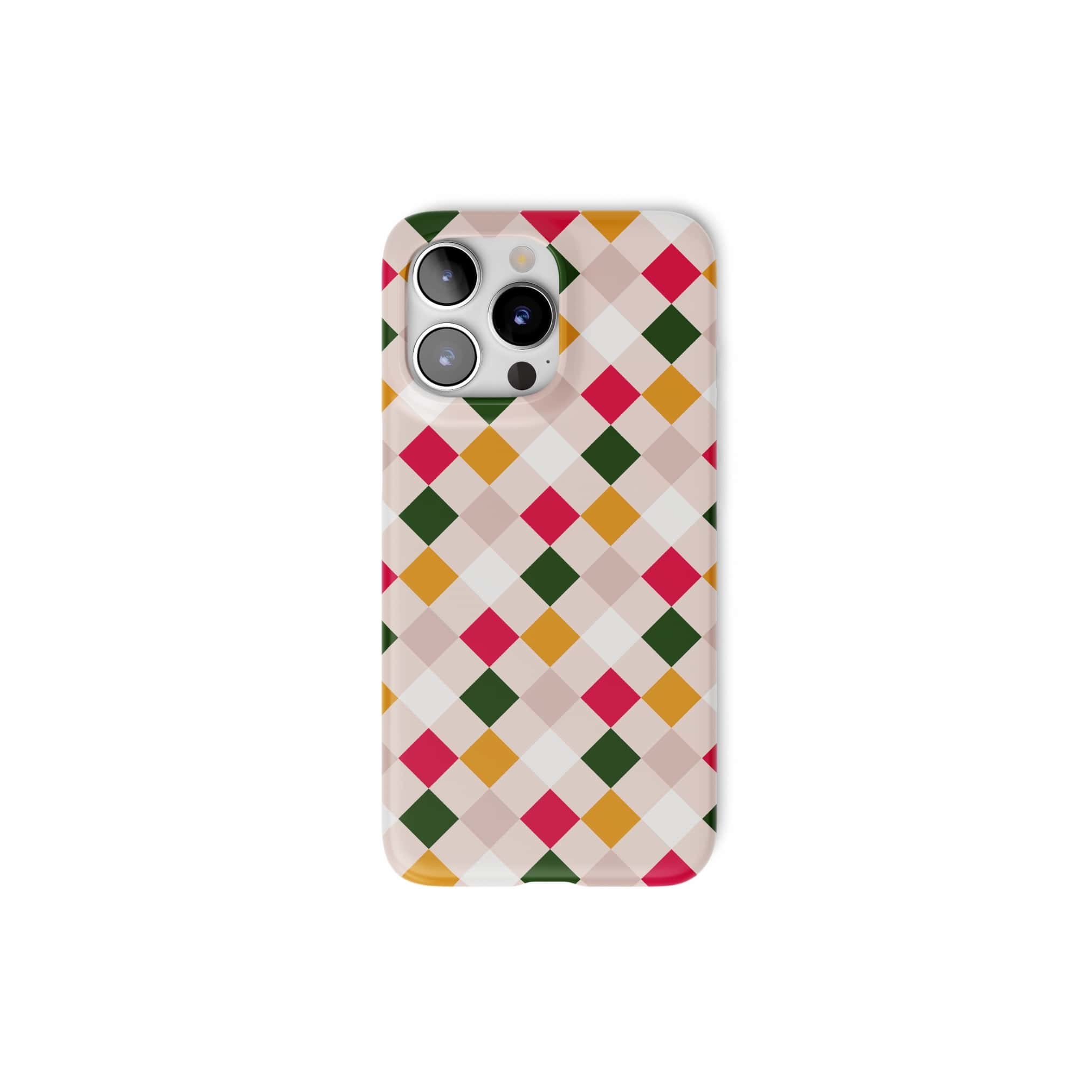 Ultra thin snap snug fit phone case Wonder Chess 2 pattern design with a dynamic geometric symmetry in chess style, featuring an elegant and expressive aesthetic design. Main colors are gold yellow, green, red and muted lilac. Front view. Front view.