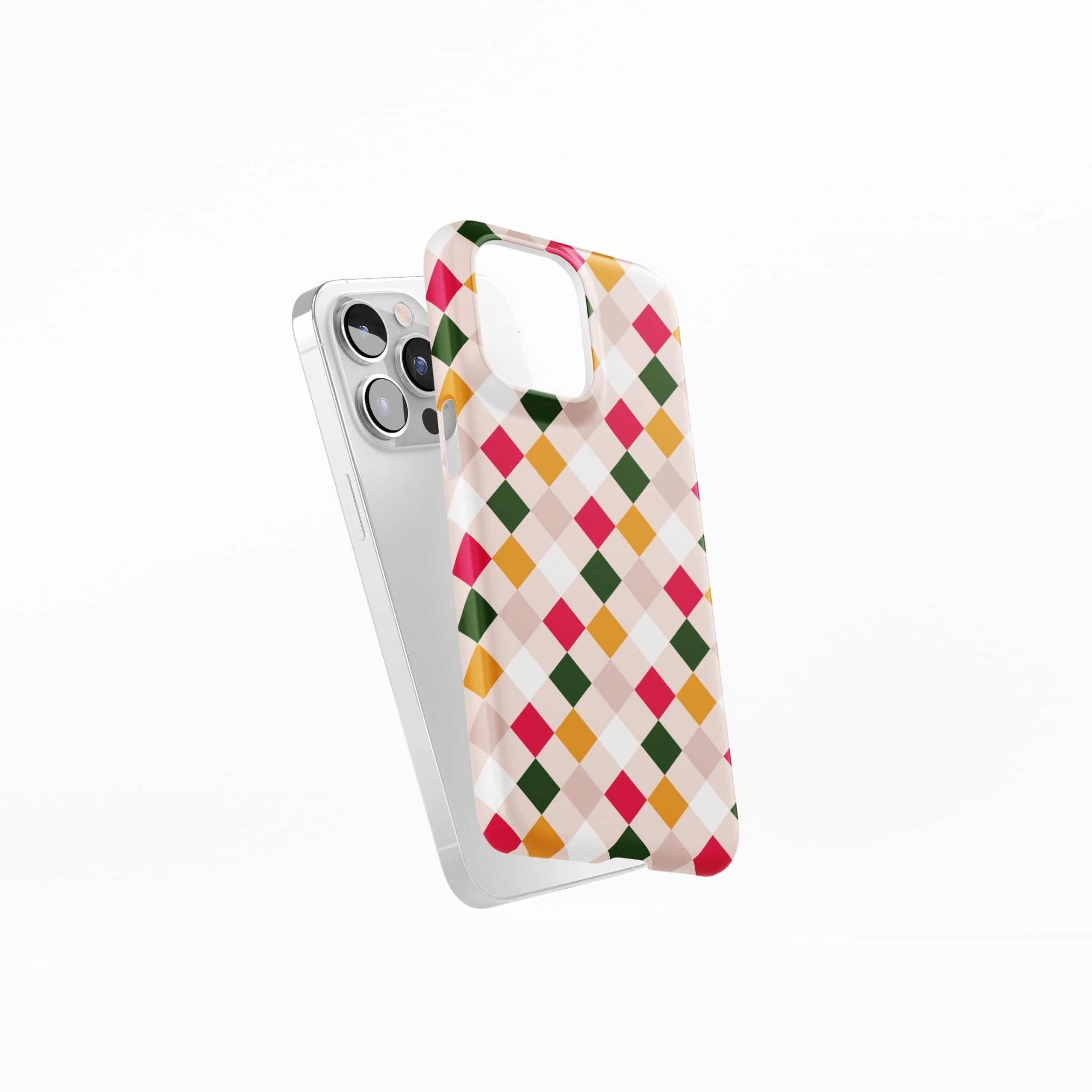 Ultra thin snap snug fit phone case Wonder Chess 2 pattern design with a dynamic geometric symmetry in chess style, featuring an elegant and expressive aesthetic design. Main colors are gold yellow, green, red and muted lilac. Front view. Side view.