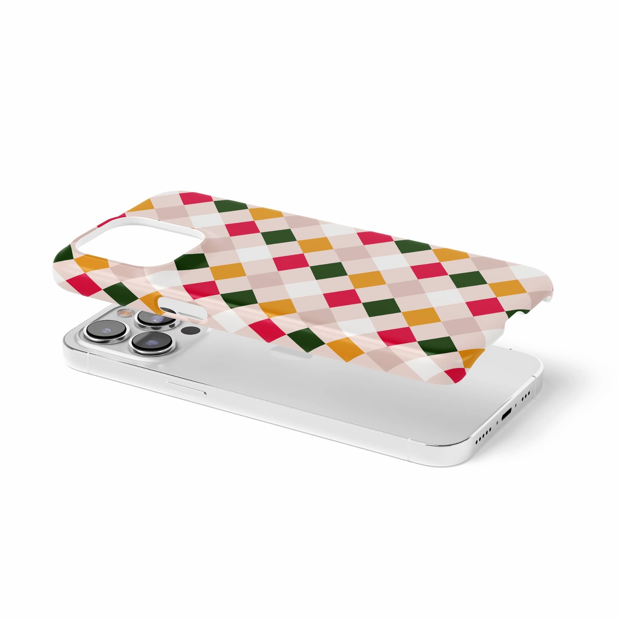 Ultra thin snap snug fit phone case Wonder Chess 2 pattern design with a dynamic geometric symmetry in chess style, featuring an elegant and expressive aesthetic design. Main colors are gold yellow, green, red and muted lilac. Front view. Extend view.