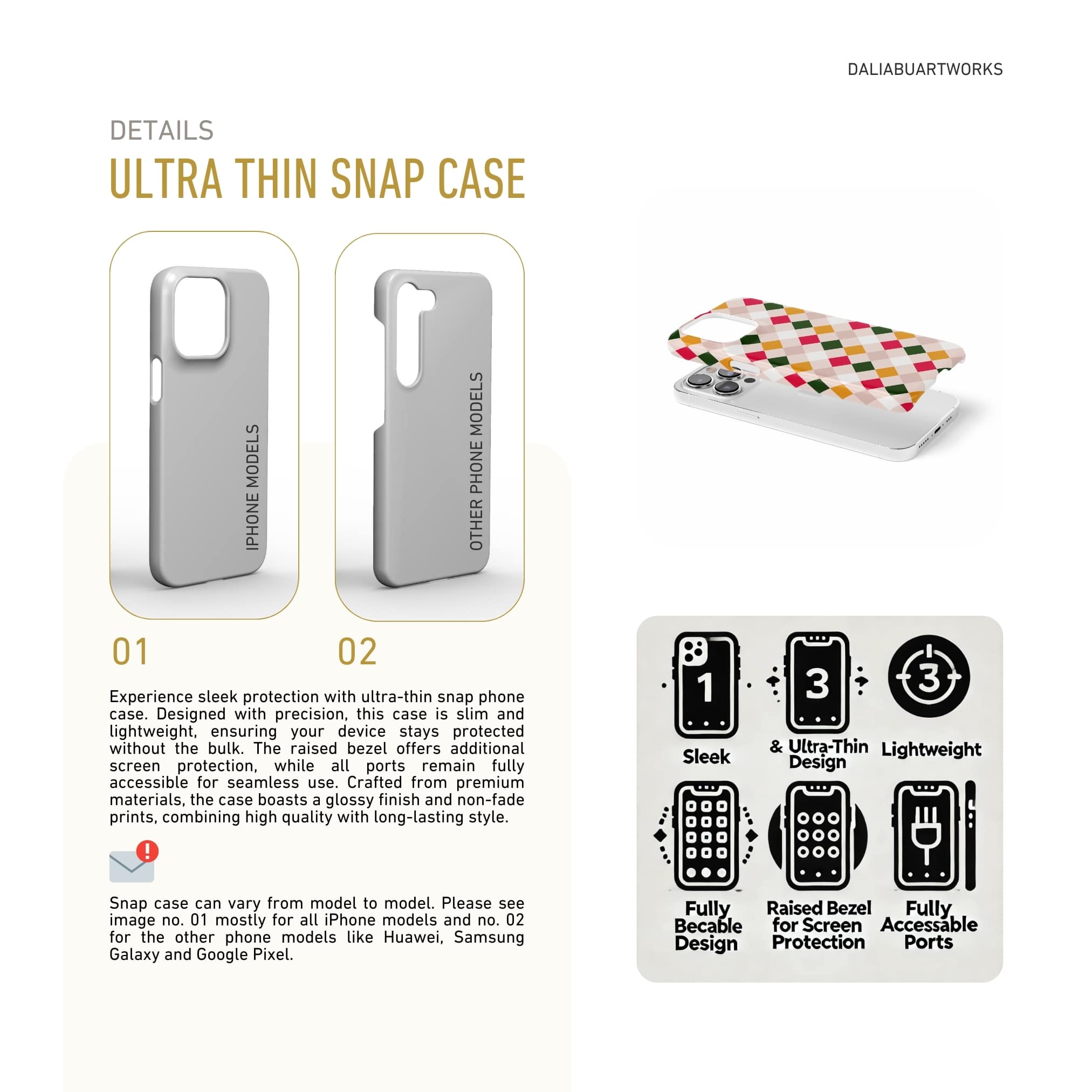 Ultra thin snap phone case Wonder Chess 2 pattern design with a dynamic geometric symmetry in chess style, featuring an elegant and expressive aesthetic design. Main colors are gold yellow, green, red and muted lilac. Front view. Details about snug fit cover benefits.