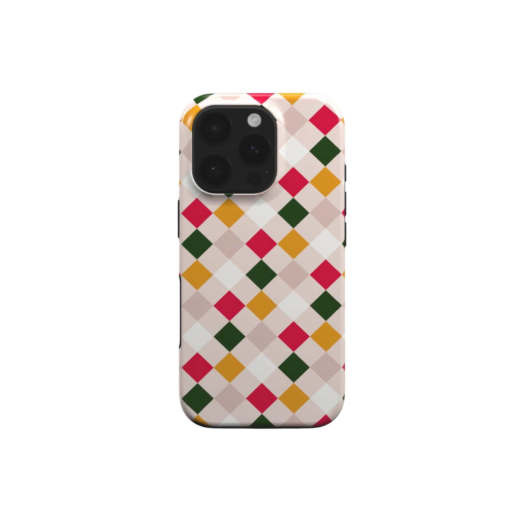 Tough phone case Wonder Chess 2 pattern design with a dynamic geometric symmetry in chess style, featuring an elegant and expressive aesthetic design. Main colors are gold yellow, green, red and muted lilac. Front view.