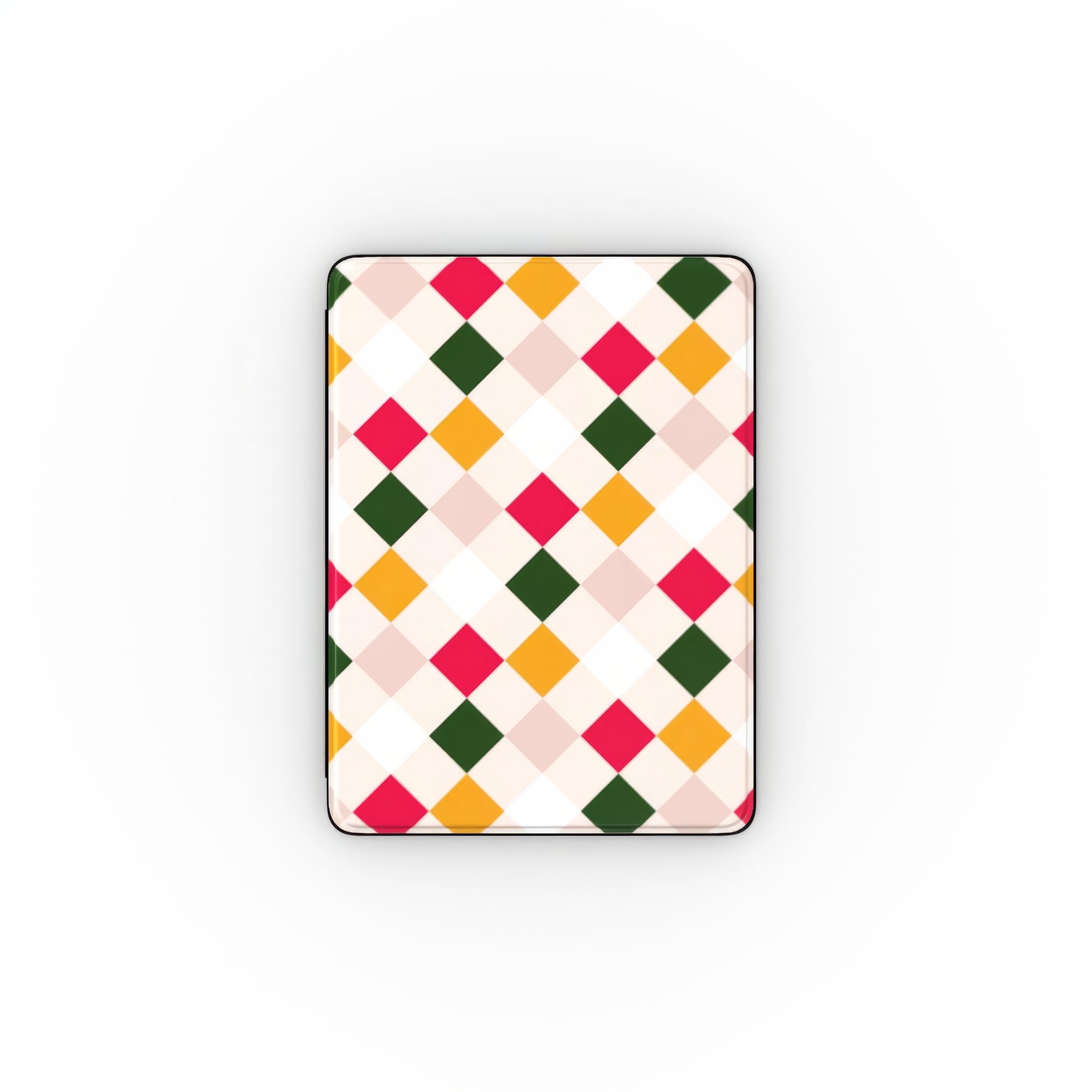 iPad vegan leather case Wonder Chess 2 pattern design with a dynamic geometric symmetry in chess style, featuring an elegant and expressive aesthetic design. Main colors are gold yellow, green, red and muted lilac. Front view.