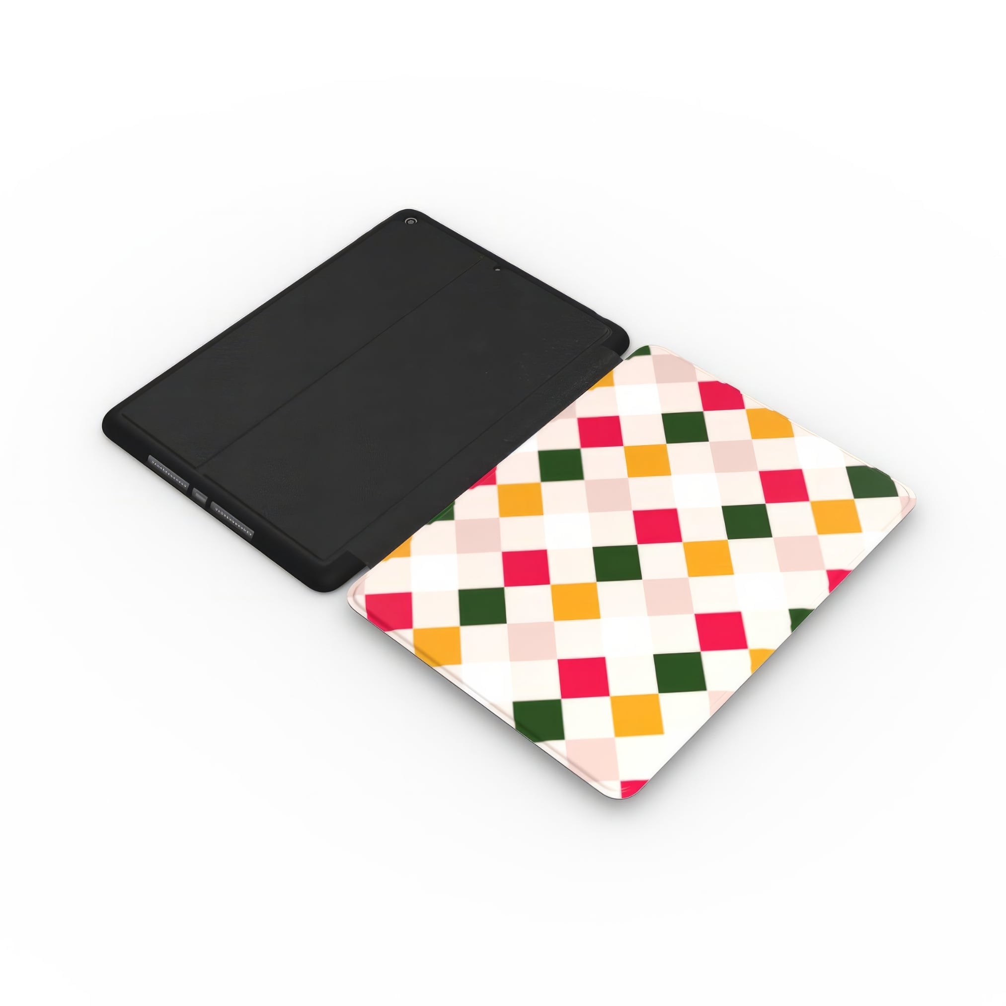 iPad vegan leather case Wonder Chess 2 pattern design with a dynamic geometric symmetry in chess style, featuring an elegant and expressive aesthetic design. Main colors are gold yellow, green, red and muted lilac. Extend view.