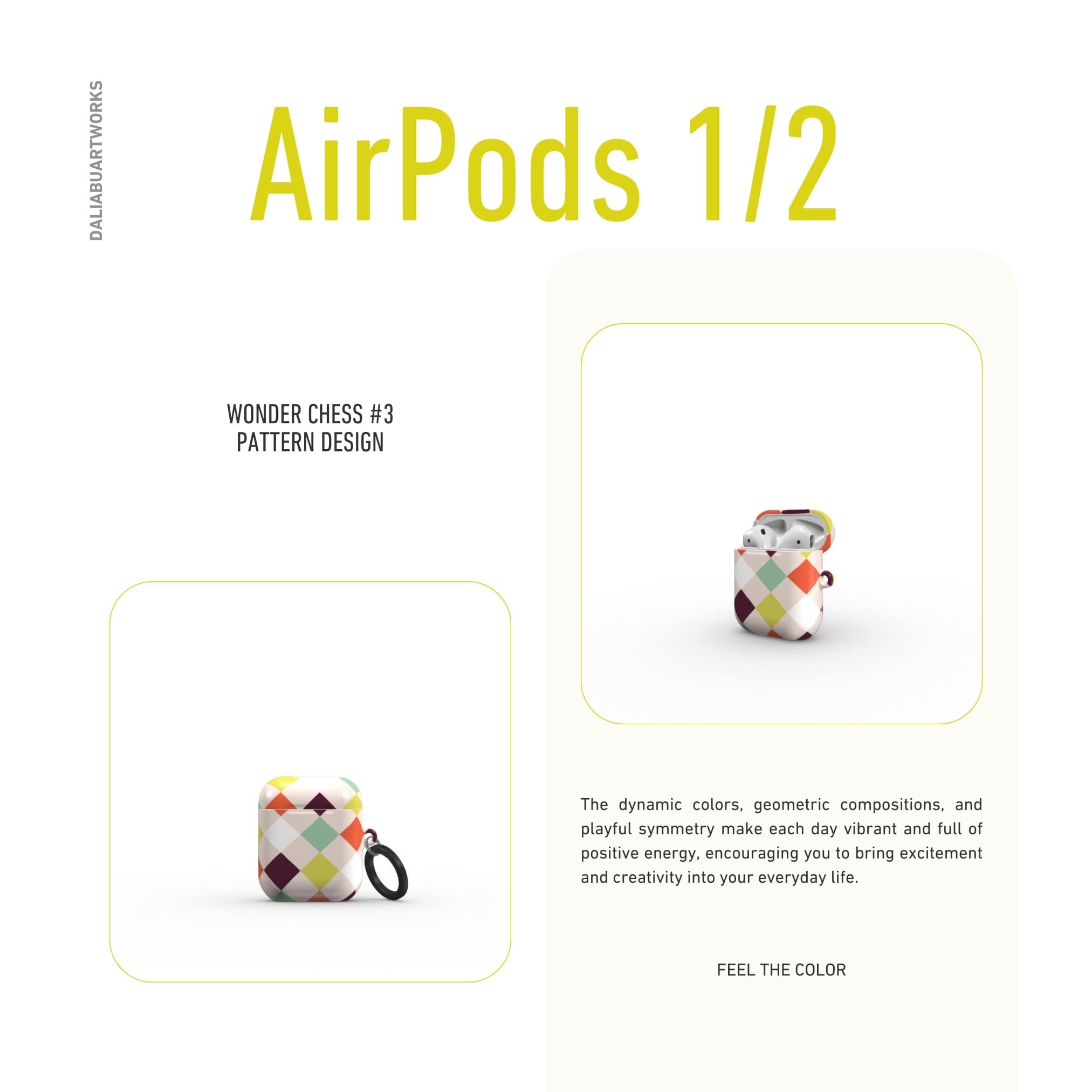 AirPods 1 and 2 hard shell ultra thin case Wonder Chess 3 pattern design with a dynamic geometric symmetry in chess style, featuring an elegant and expressive aesthetic design. Main colors are mint, red, deep purple and yellow green. Front view.