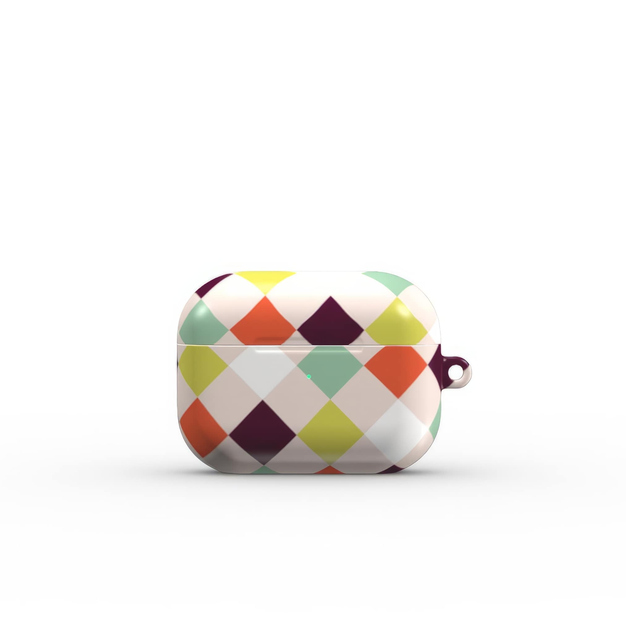 AirPods Pro hard shell ultra thin case Wonder Chess 3 pattern design with a dynamic geometric symmetry in chess style, featuring an elegant and expressive aesthetic design. Main colors are mint, red, deep purple and yellow green. Front closed view.