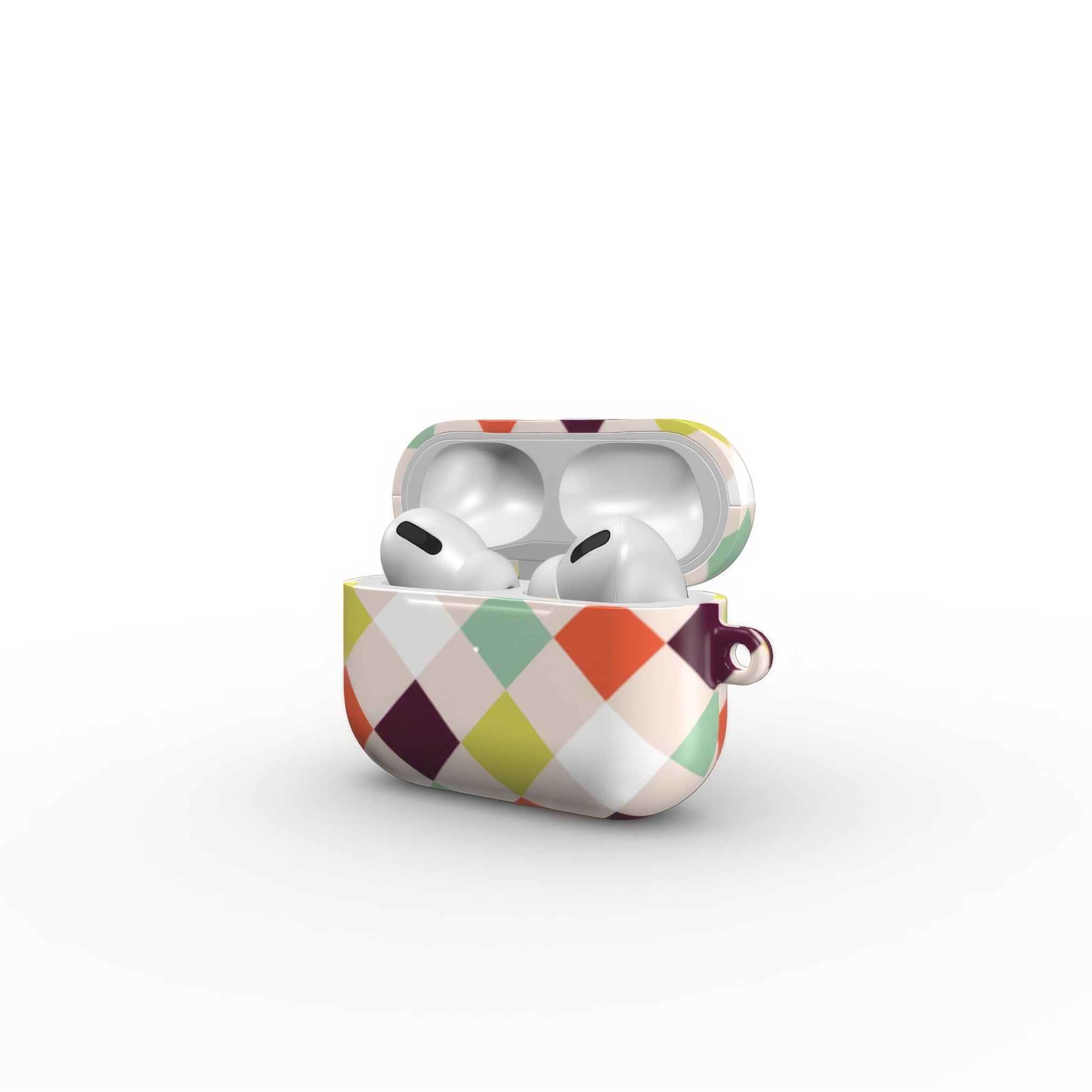 AirPods Pro hard shell ultra thin case Wonder Chess 3 pattern design with a dynamic geometric symmetry in chess style, featuring an elegant and expressive aesthetic design. Main colors are mint, red, deep purple and yellow green. Side open view.