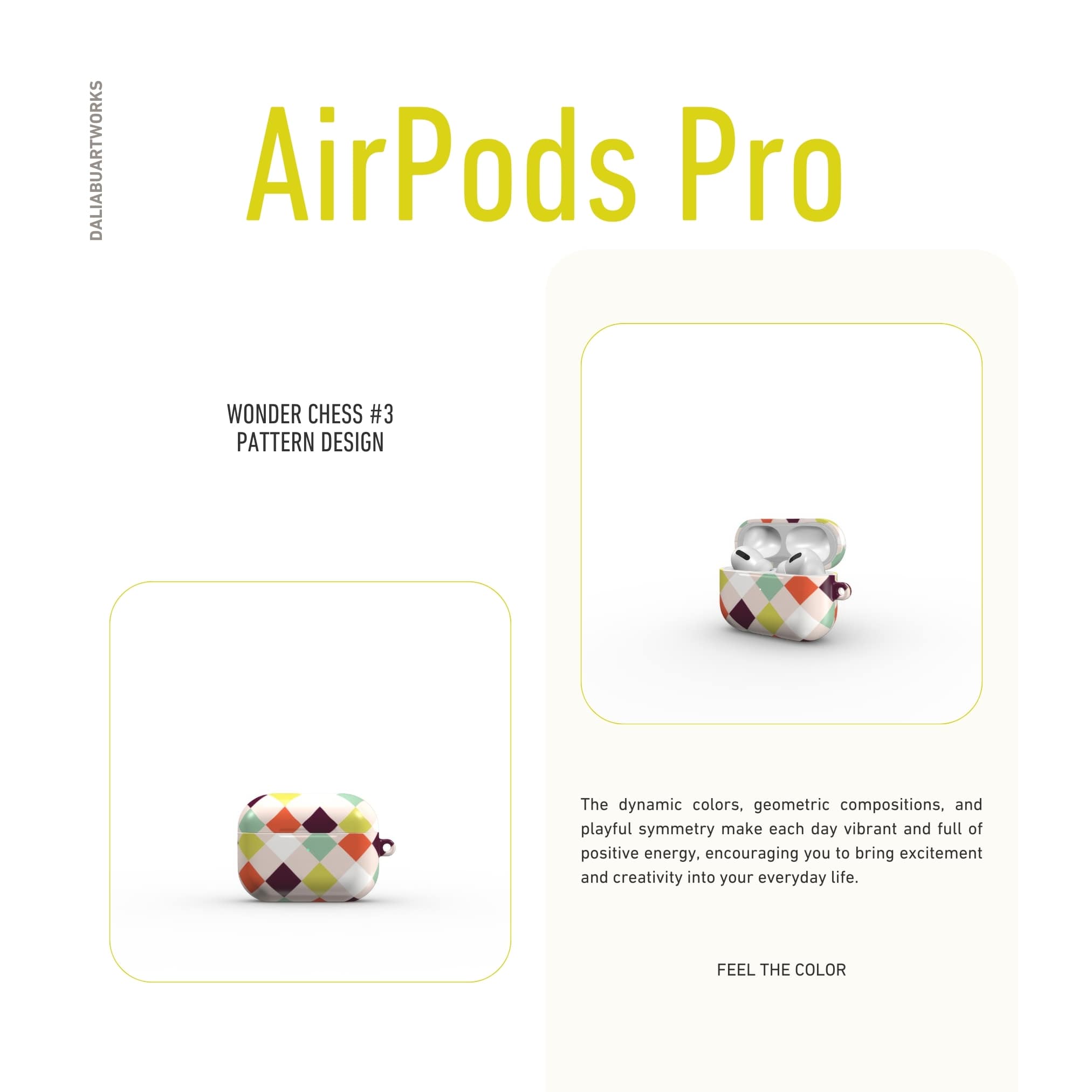 AirPods Pro hard shell ultra thin case Wonder Chess 3 pattern design with a dynamic geometric symmetry in chess style, featuring an elegant and expressive aesthetic design. Main colors are mint, red, deep purple and yellow green. Front view.