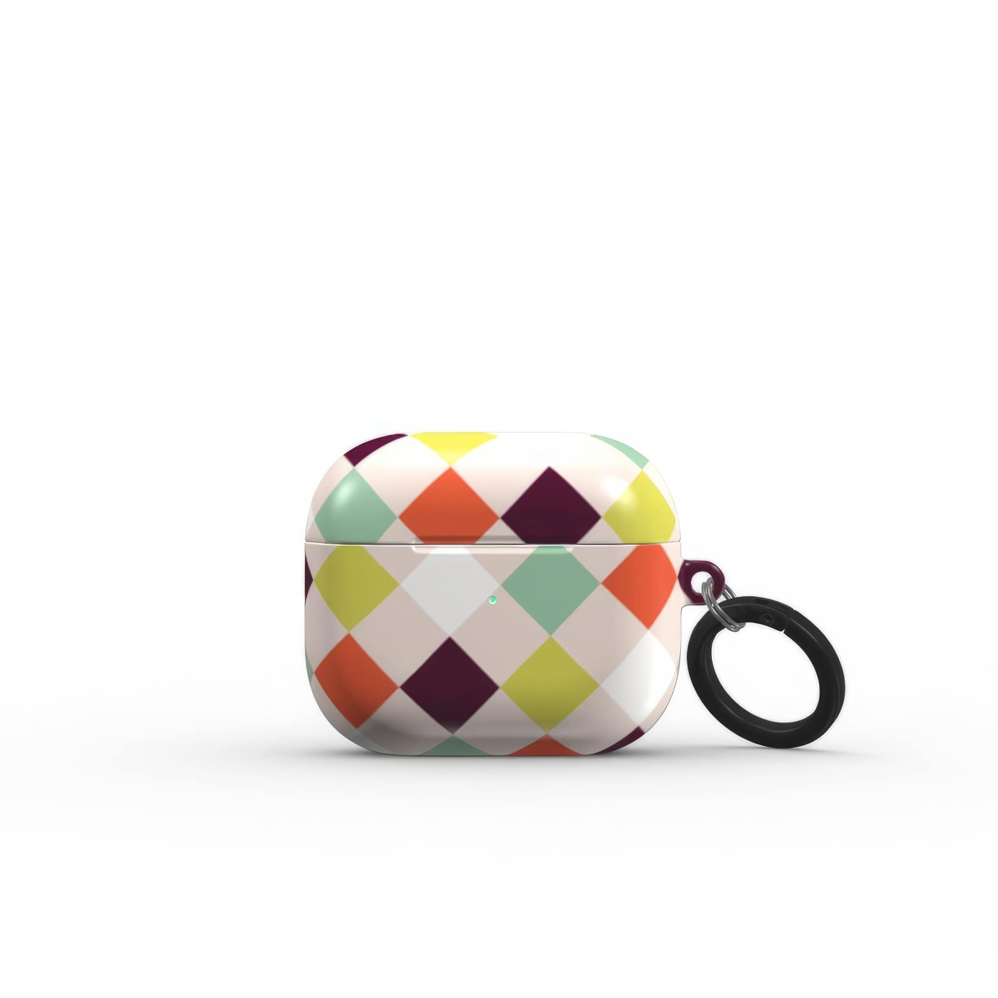 AirPods 3 hard shell ultra thin case Wonder Chess 3 pattern design with a dynamic geometric symmetry in chess style, featuring an elegant and expressive aesthetic design. Main colors are mint, red, deep purple and yellow green. Front closed view.