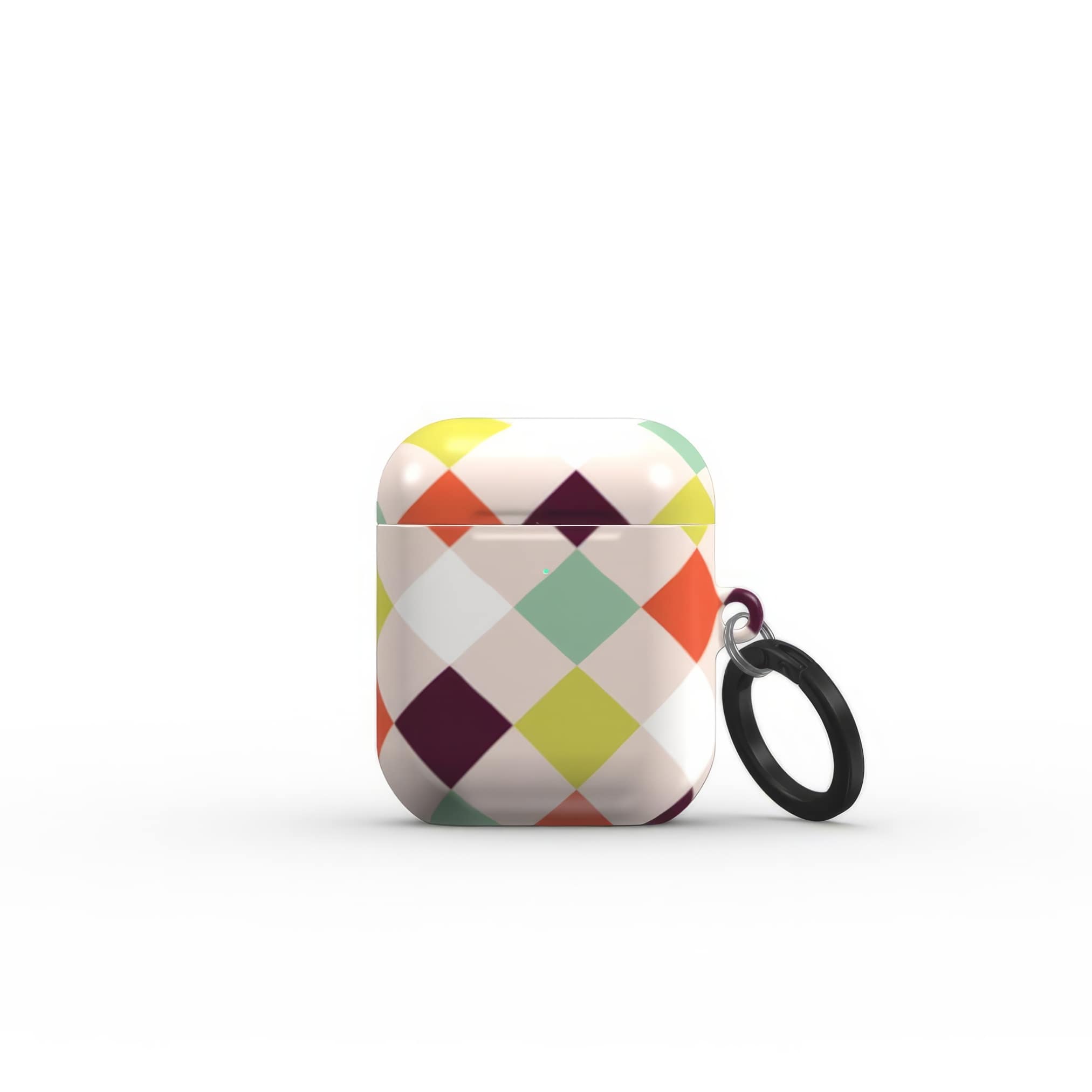 AirPods 1 and 2 hard shell ultra thin case Wonder Chess 3 pattern design with a dynamic geometric symmetry in chess style, featuring an elegant and expressive aesthetic design. Main colors are mint, red, deep purple and yellow green. Closed front view.