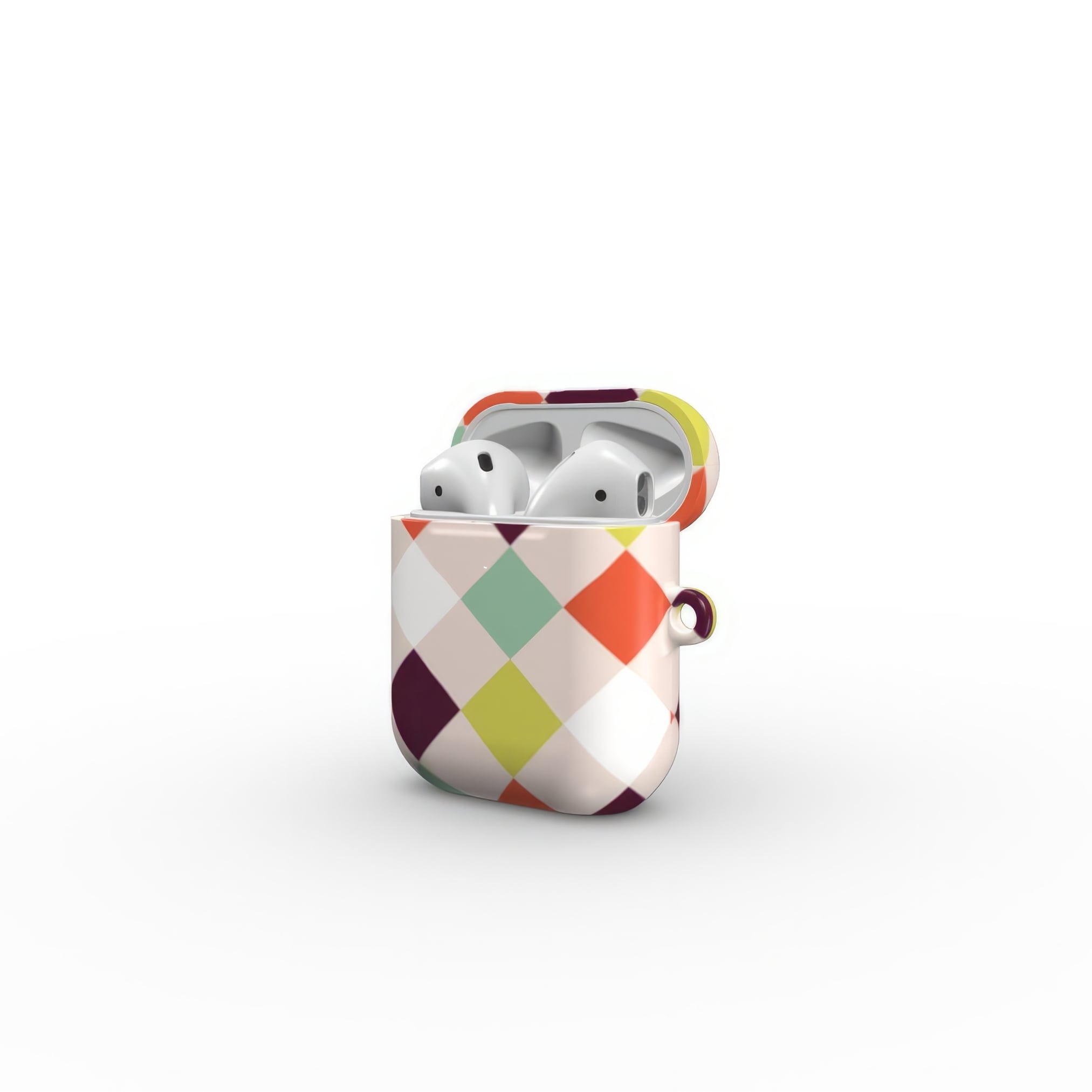 AirPods 1 and 2 hard shell ultra thin case Wonder Chess 3 pattern design with a dynamic geometric symmetry in chess style, featuring an elegant and expressive aesthetic design. Main colors are mint, red, deep purple and yellow green. Side open view.