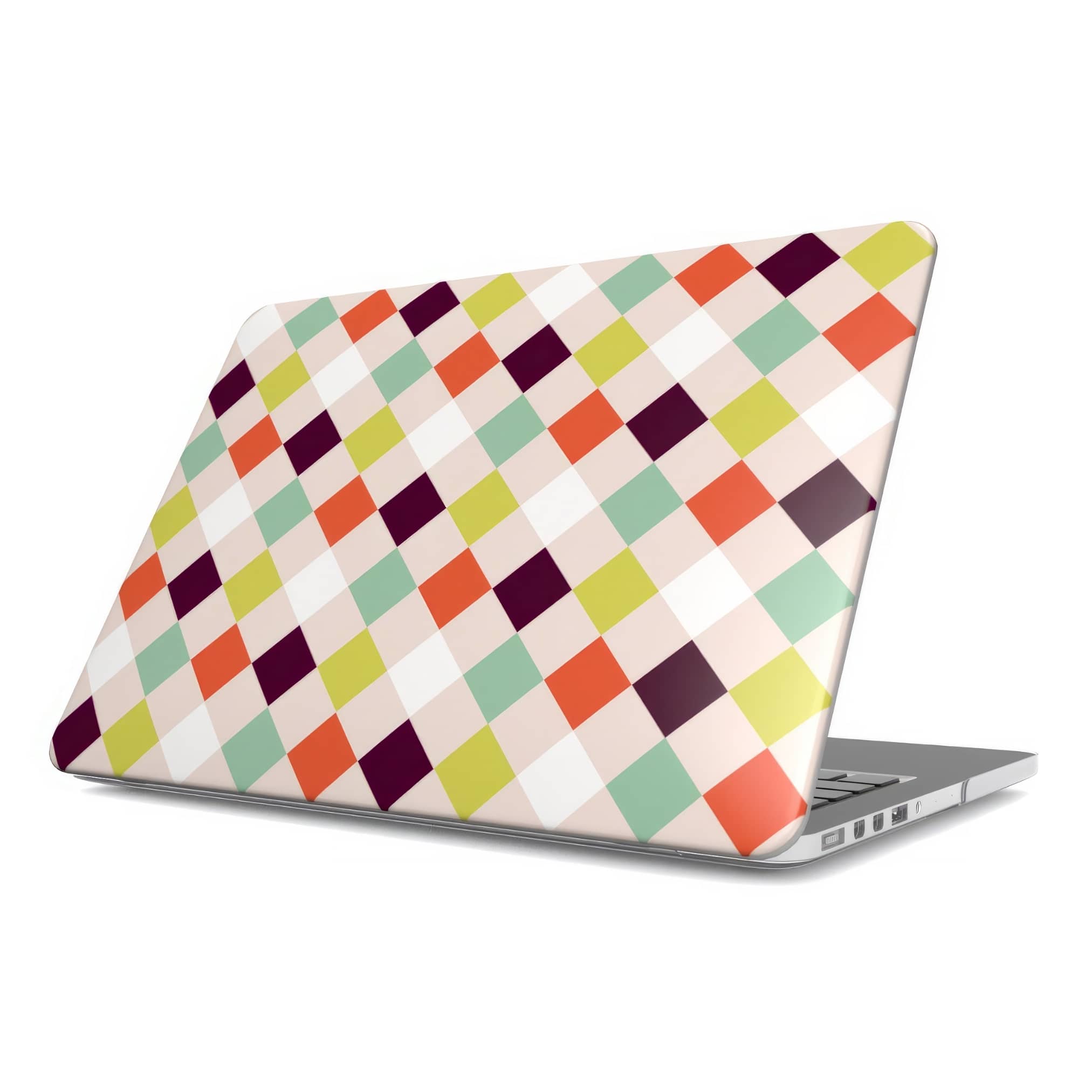 MacBook ultra thin case Wonder Chess 3 pattern design with a dynamic geometric symmetry in chess style, featuring an elegant and expressive aesthetic design. Main colors are mint, red, deep purple and yellow green. Front view.