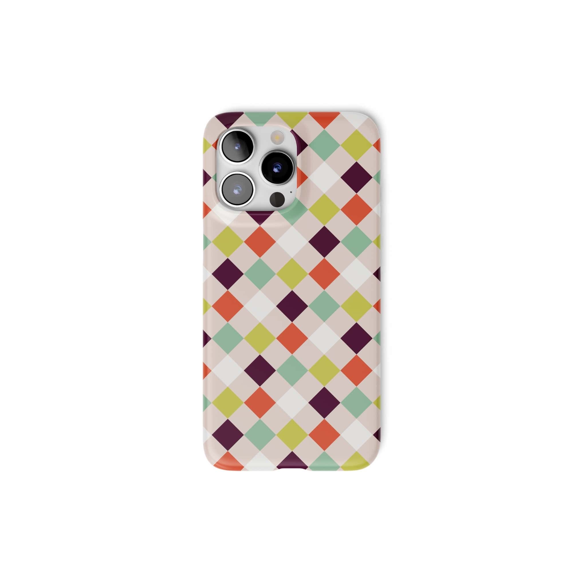 Ultra thin snap snug fit phone case Wonder Chess 3 pattern design with a dynamic geometric symmetry in chess style, featuring an elegant and expressive aesthetic design. Main colors are mint, red, deep purple and yellow green. Front view.