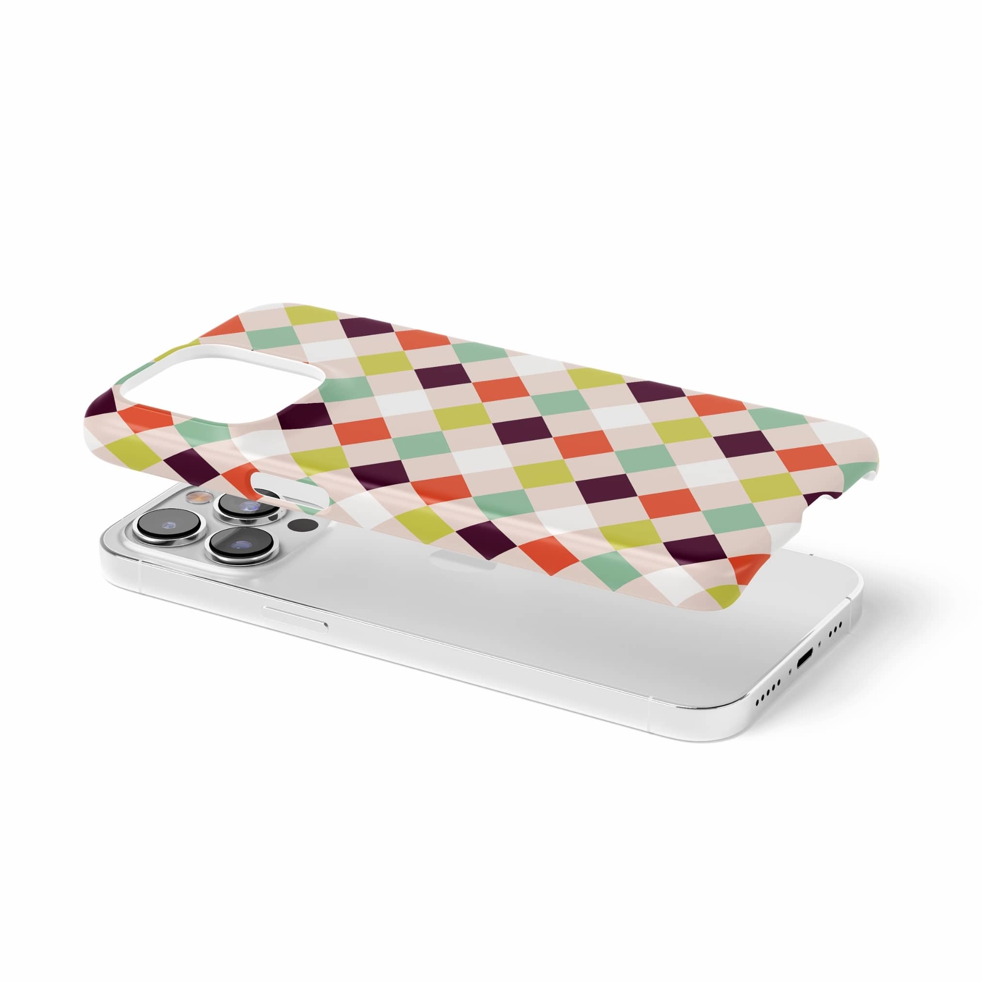 Ultra thin snap snug fit phone case Wonder Chess 3 pattern design with a dynamic geometric symmetry in chess style, featuring an elegant and expressive aesthetic design. Main colors are mint, red, deep purple and yellow green. Extend view.