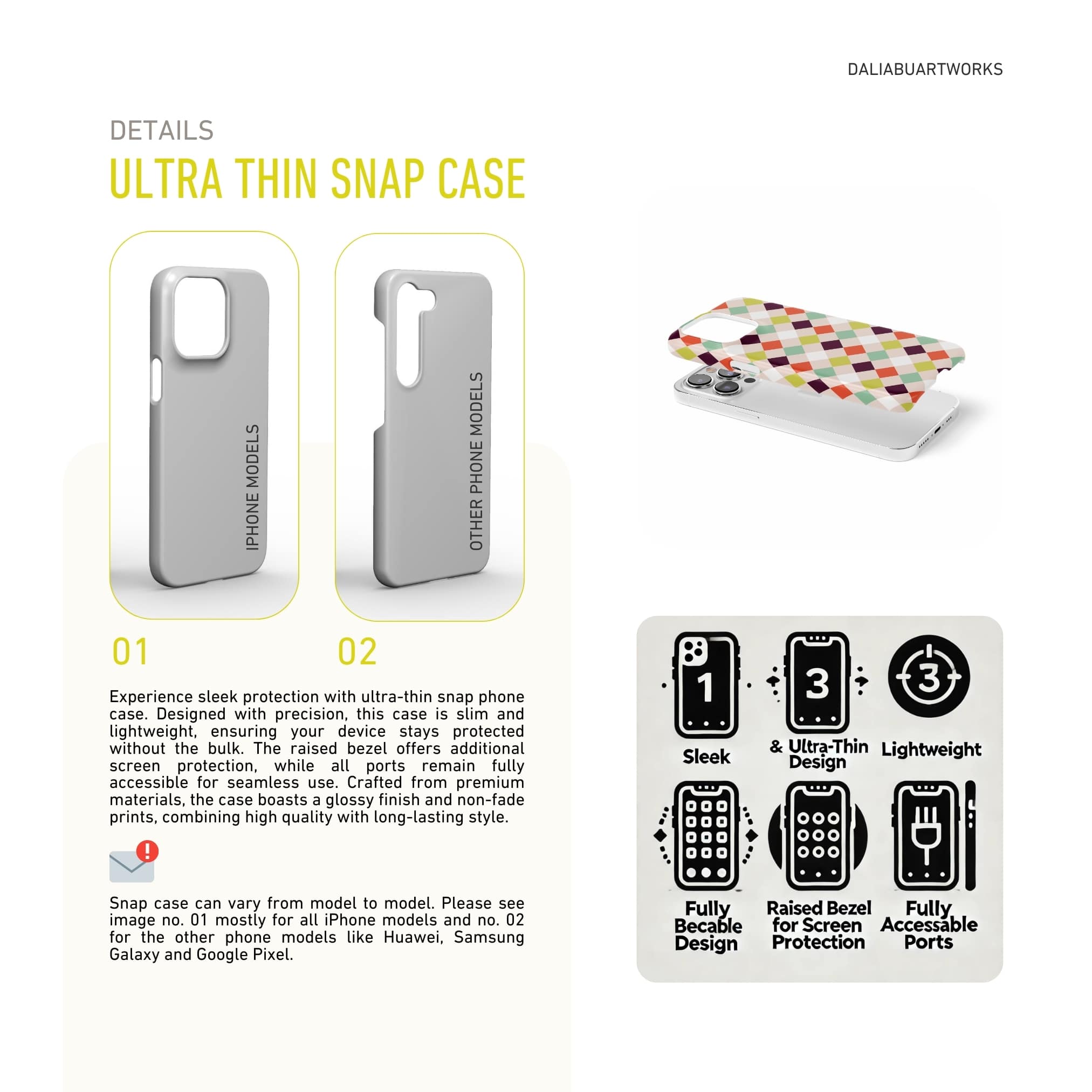 Ultra thin snug fit phone case Wonder Chess 3 pattern design with a dynamic geometric symmetry in chess style, featuring an elegant and expressive aesthetic design. Main colors are mint, red, deep purple and yellow green. Details about snap phone case benefits.