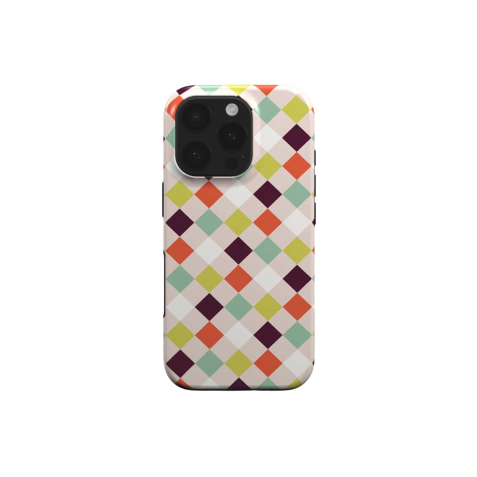 Tough phone case Wonder Chess 3 pattern design with a dynamic geometric symmetry in chess style, featuring an elegant and expressive aesthetic design. Main colors are mint, red, deep purple and yellow green. Front view.